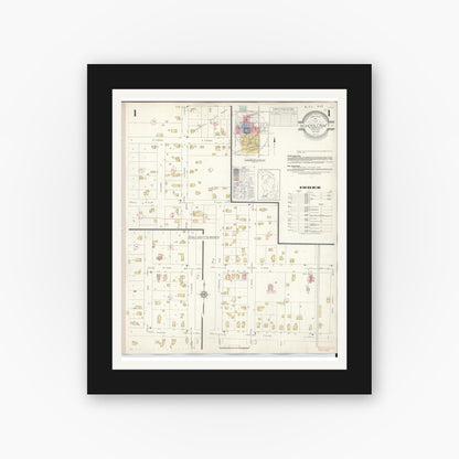 Old map wall art mockup — black gallery frame with white mat — Sanborn Fire Insurance Map from Schoolcraft, Kalamazoo County, Michigan (1937), Sheet #0001