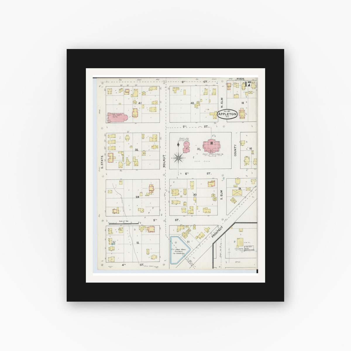 Old map wall art mockup — black gallery frame with white mat — Sanborn Fire Insurance Map from Appleton, Outagamie County, Wisconsin (1891), Sheet #0017