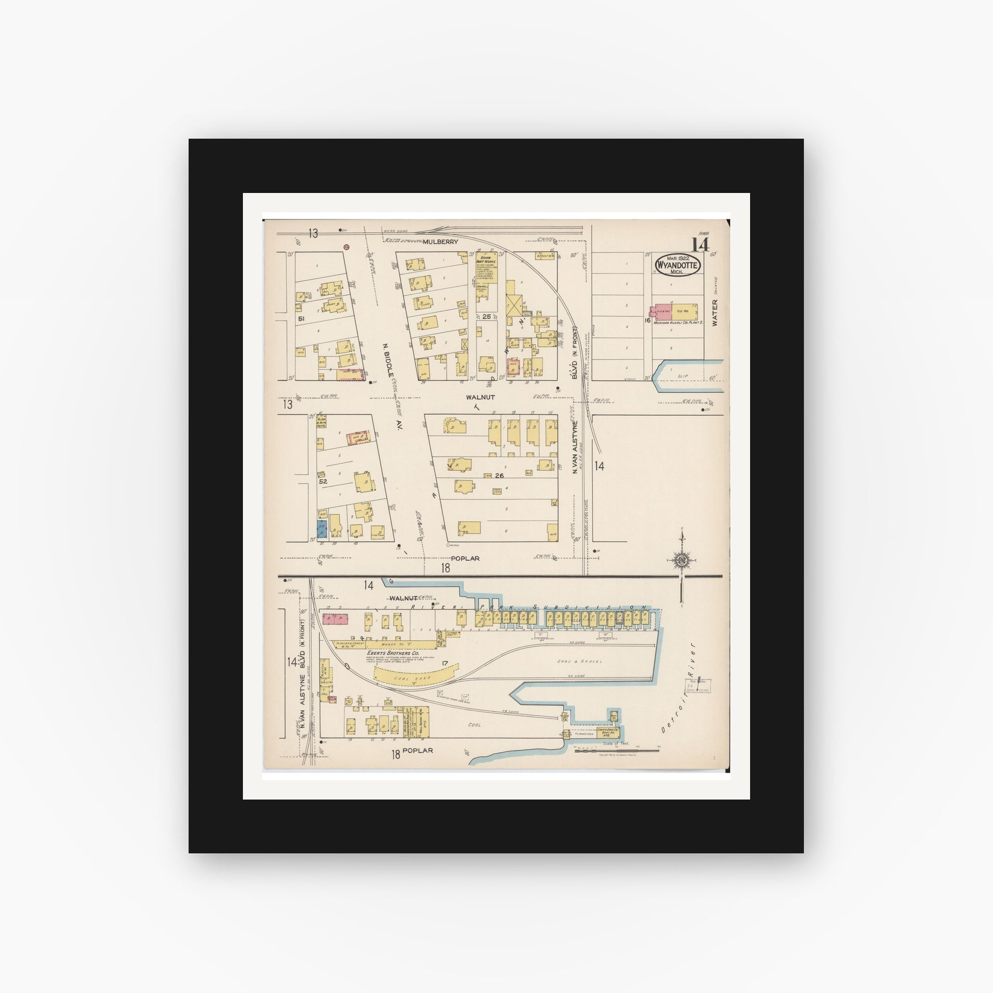 Old map wall art mockup — black gallery frame with white mat — Sanborn Fire Insurance Map from Wyandotte, Wayne County, Michigan (1922), Sheet #0014