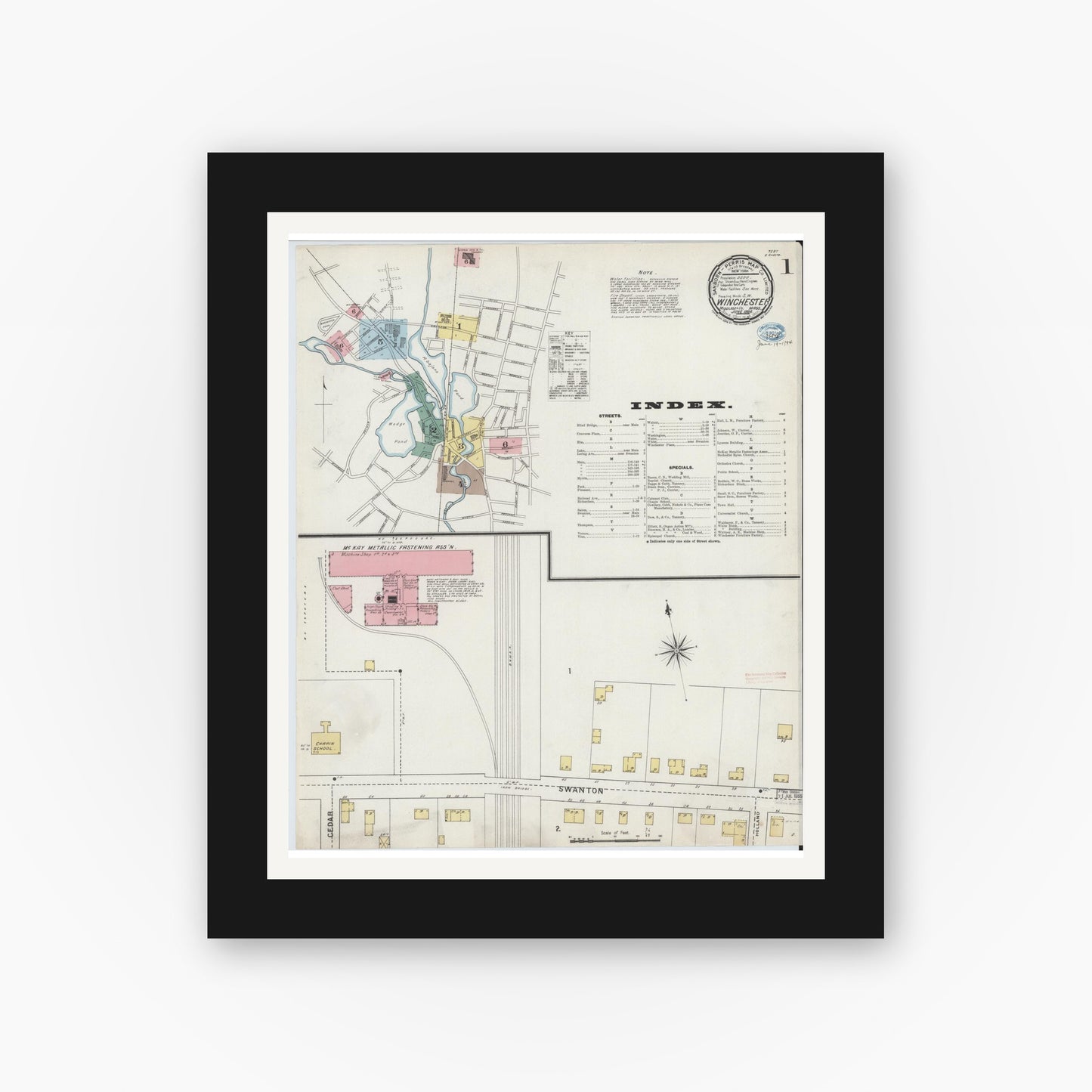 Old map wall art mockup — black gallery frame with white mat — Sanborn Fire Insurance Map from Winchester, Middlesex County, Massachusetts (1894) - Complete Map Set