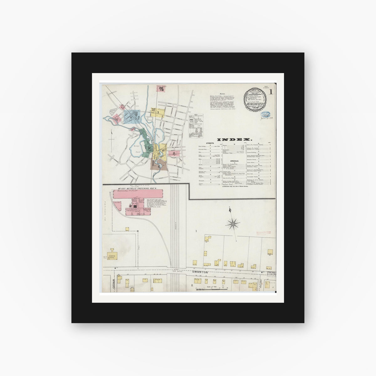 Old map wall art mockup — black gallery frame with white mat — Sanborn Fire Insurance Map from Winchester, Middlesex County, Massachusetts (1894) - Complete Map Set
