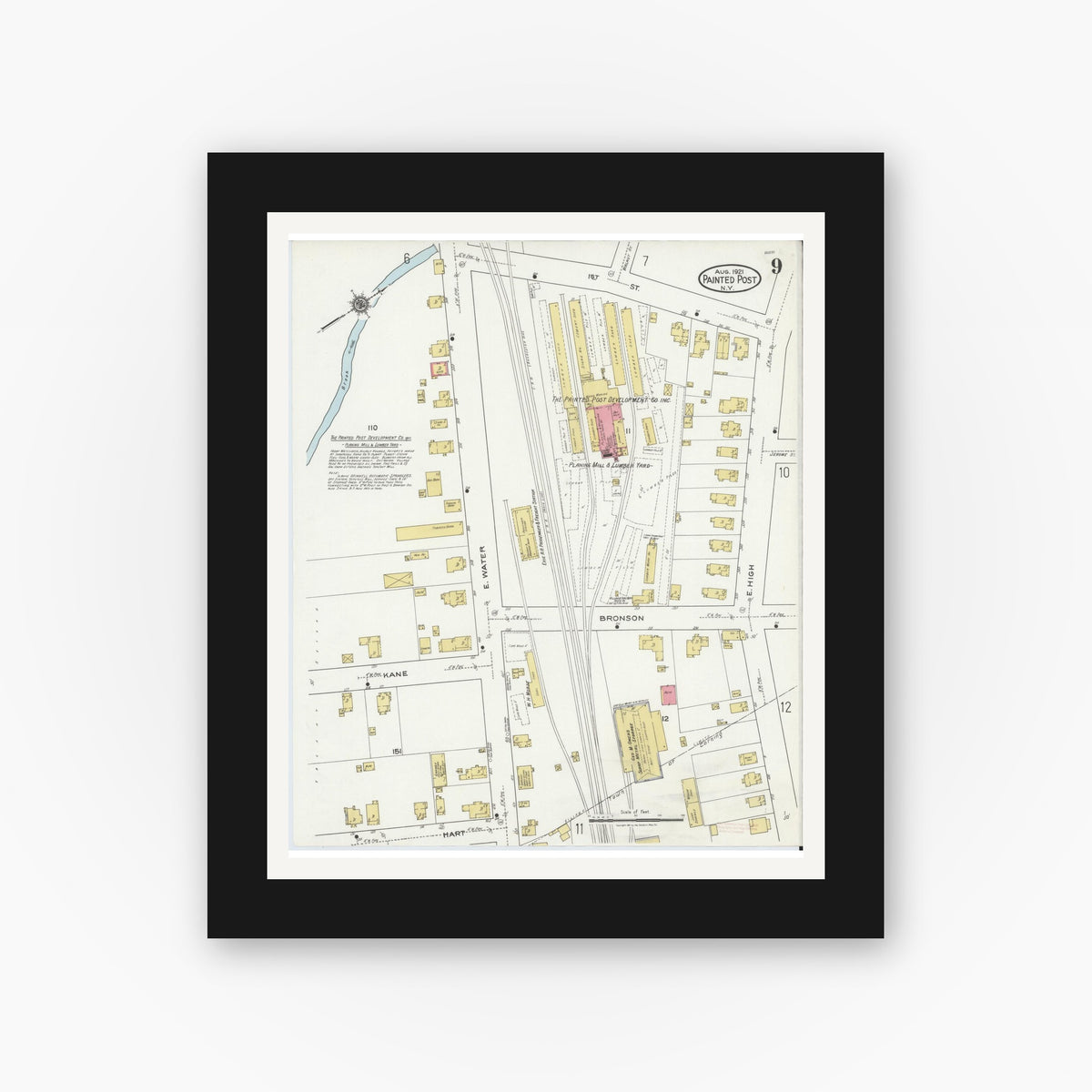 Old map wall art mockup — black gallery frame with white mat — Sanborn Fire Insurance Map from Painted Post, Steuben County, New York (1921), Sheet #0009