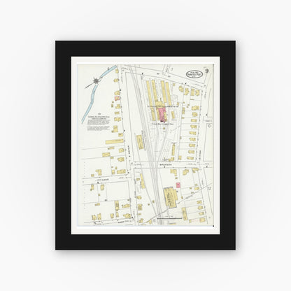 Old map wall art mockup — black gallery frame with white mat — Sanborn Fire Insurance Map from Painted Post, Steuben County, New York (1921), Sheet #0009