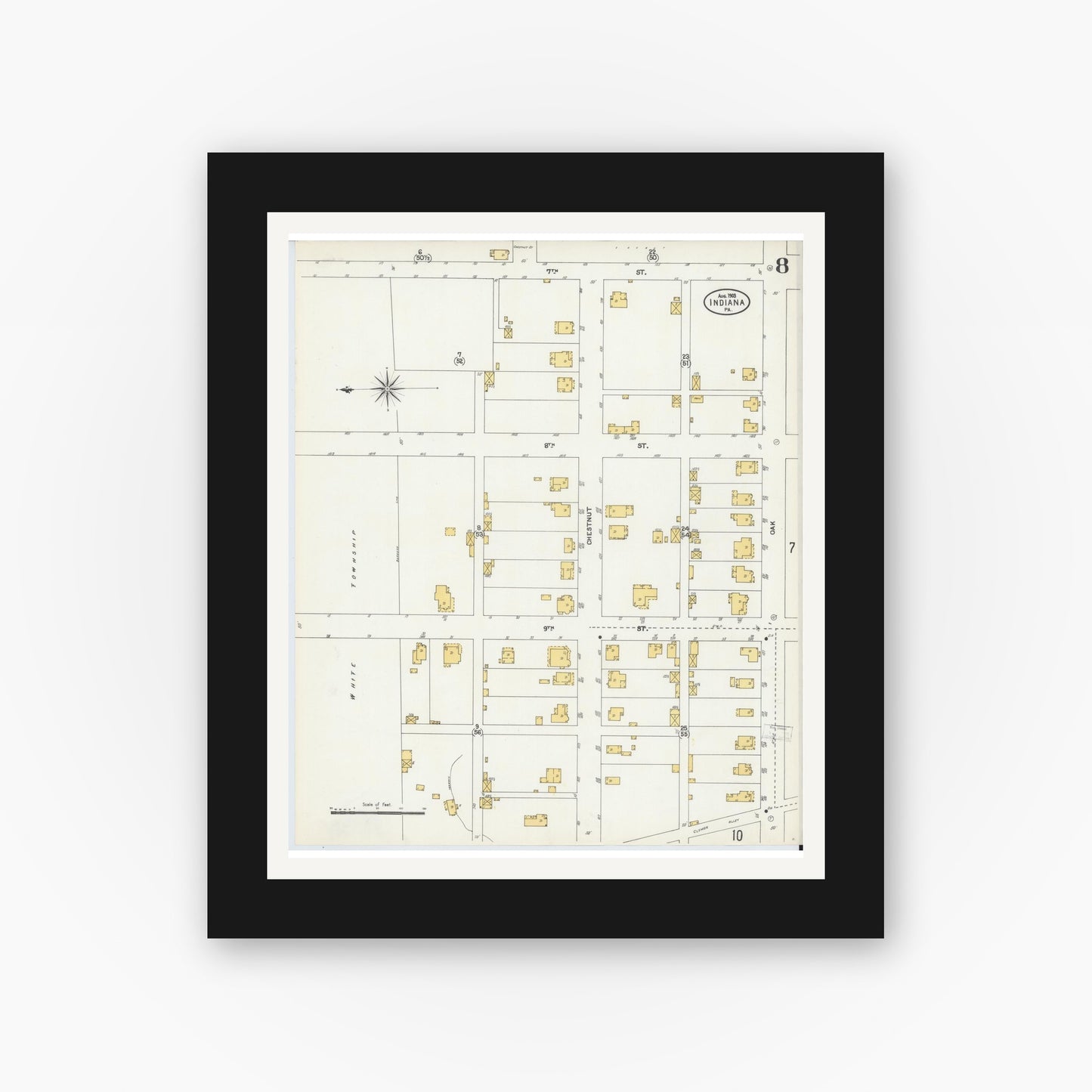 Old map wall art mockup — black gallery frame with white mat — Sanborn Fire Insurance Map from Indiana, Indiana County, Pennsylvania (1903), Sheet #0008
