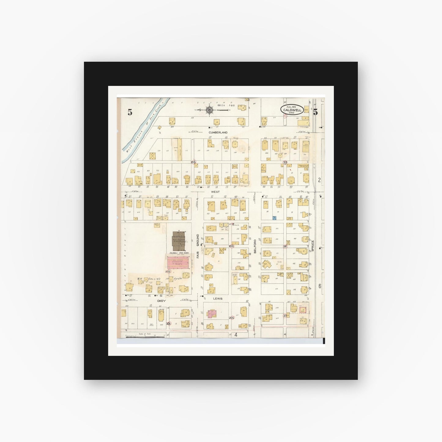 Old map wall art mockup — black gallery frame with white mat — Sanborn Fire Insurance Map from Caldwell, Noble County, Ohio (1932), Sheet #0005