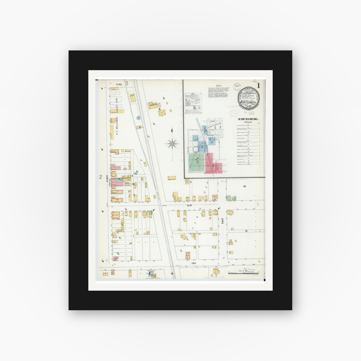 Old map wall art mockup — black gallery frame with white mat — Sanborn Fire Insurance Map from Montgomery, Le Sueur  County, Minnesota (1899), Sheet #0001