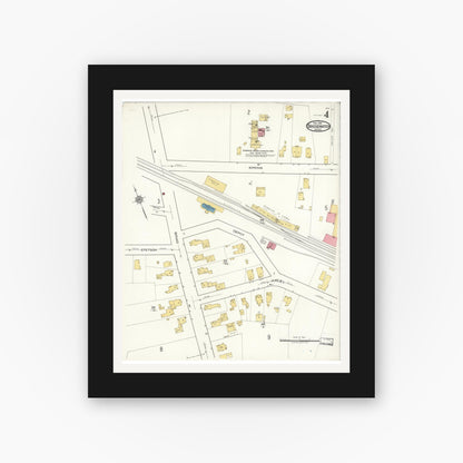 Old map wall art mockup — black gallery frame with white mat — Sanborn Fire Insurance Map from Bridgewater, Plymouth County, Massachusetts (1921), Sheet #0004