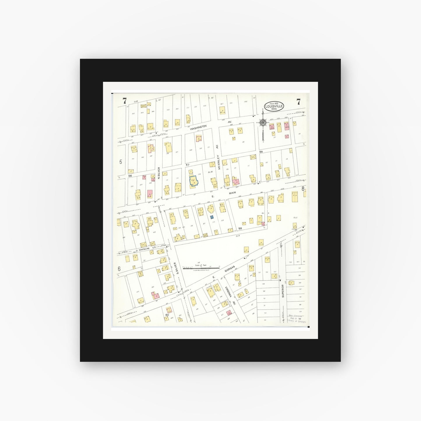 Old map wall art mockup — black gallery frame with white mat — Sanborn Fire Insurance Map from Louisville, Stark County, Ohio (1923), Sheet #0007