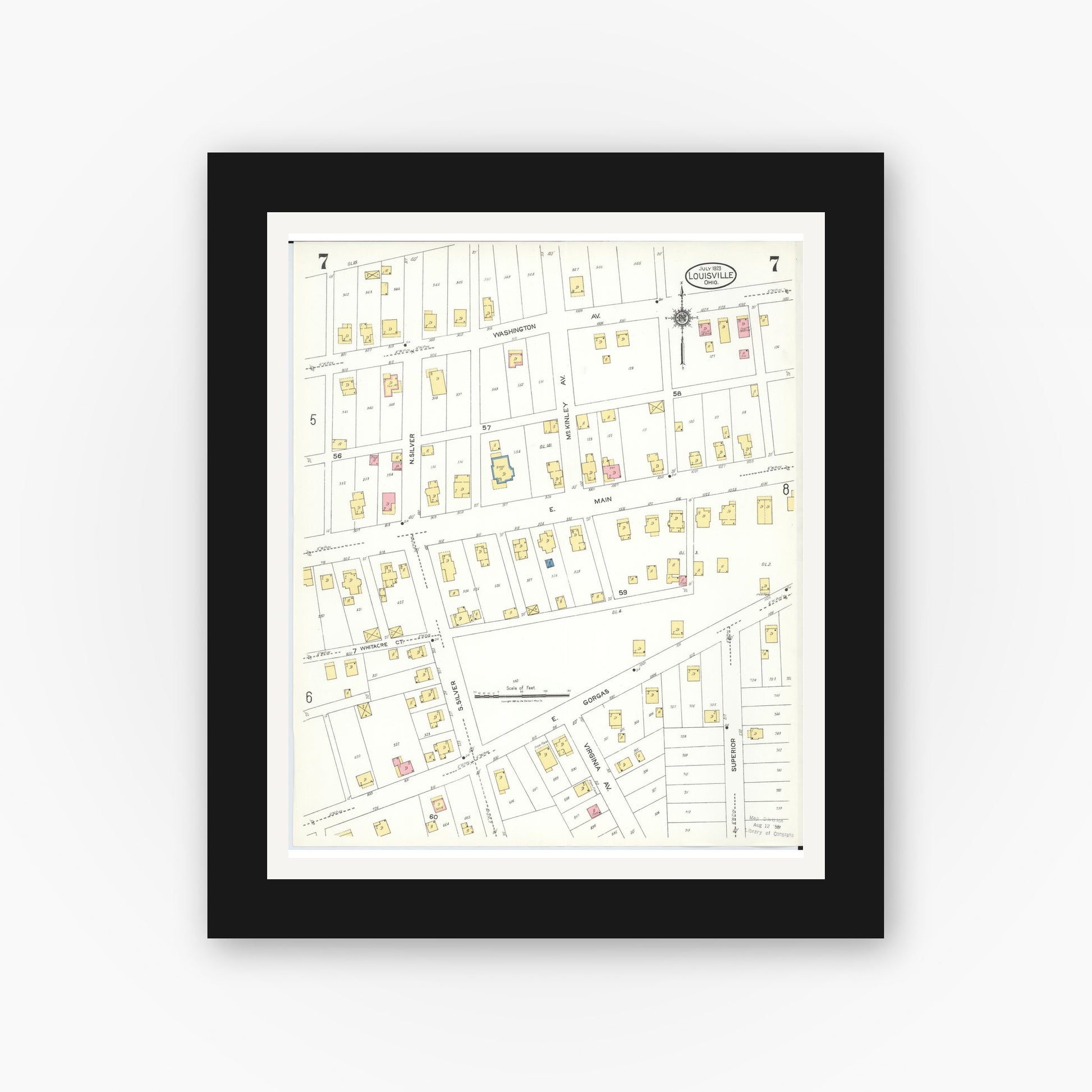 Old map wall art mockup — black gallery frame with white mat — Sanborn Fire Insurance Map from Louisville, Stark County, Ohio (1923), Sheet #0007
