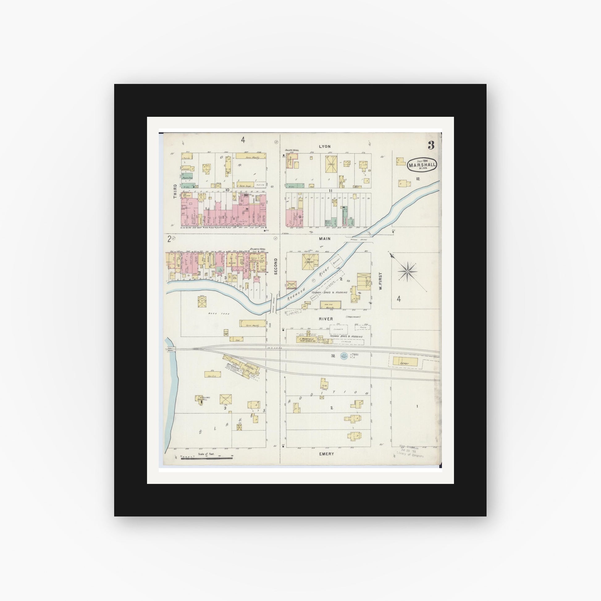 Old map wall art mockup — black gallery frame with white mat — Sanborn Fire Insurance Map from Marshall, Lyon County, Minnesota (1896), Sheet #0003