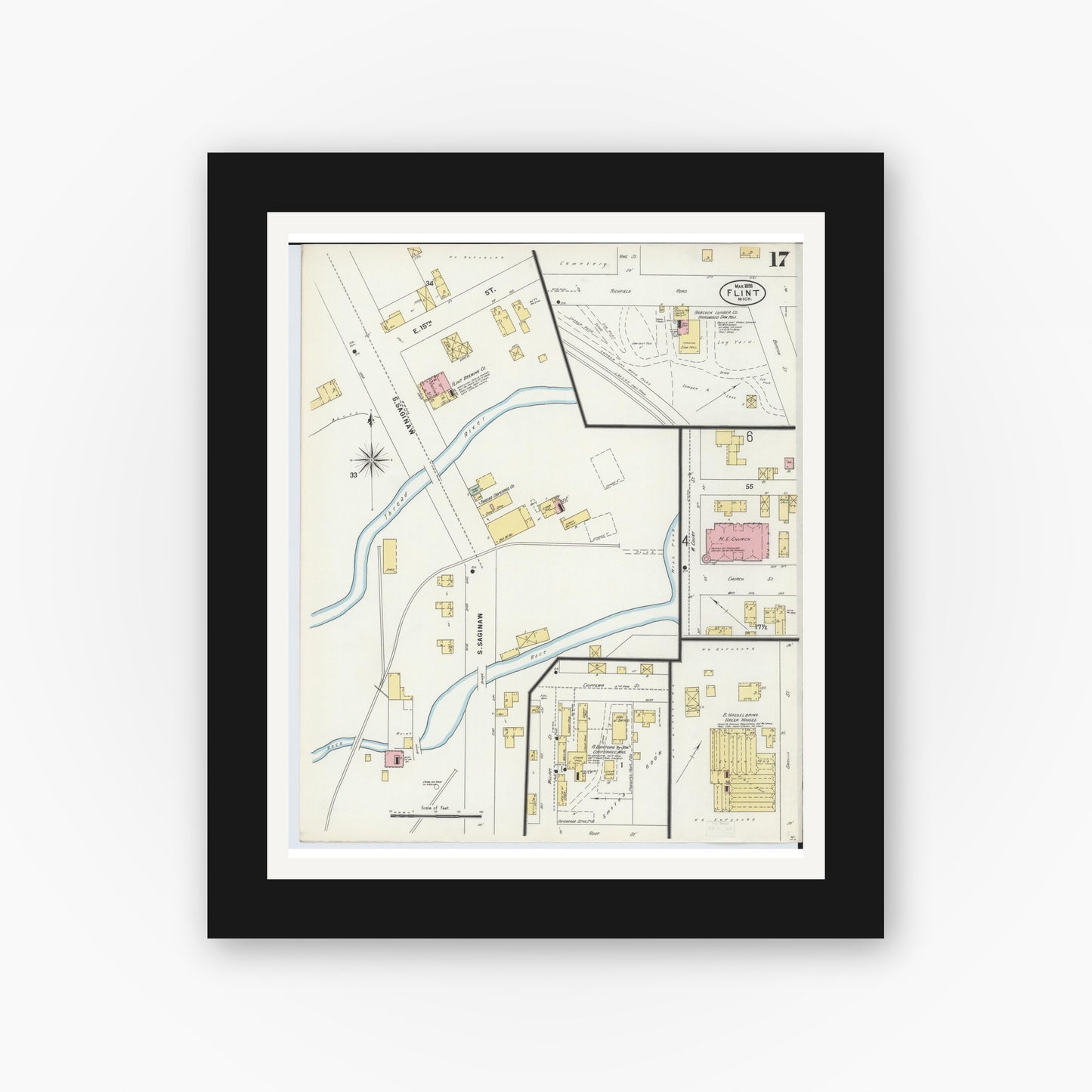 Old map wall art mockup — black gallery frame with white mat — Sanborn Fire Insurance Map from Flint, Genesee County, Michigan (1898), Sheet #0017