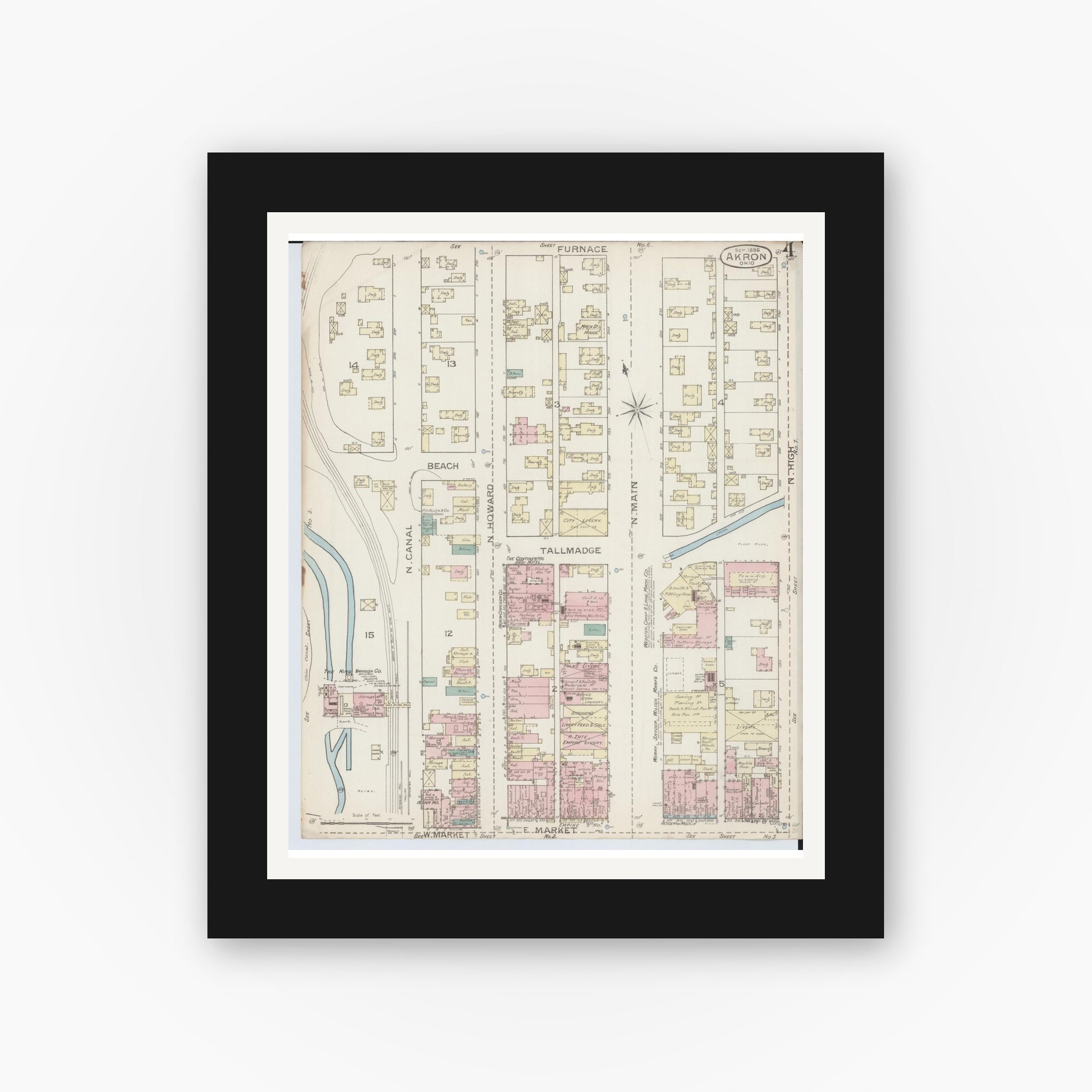 Old map wall art mockup — black gallery frame with white mat — Sanborn Fire Insurance Map from Akron, Summit County, Ohio (1886), Sheet #0004