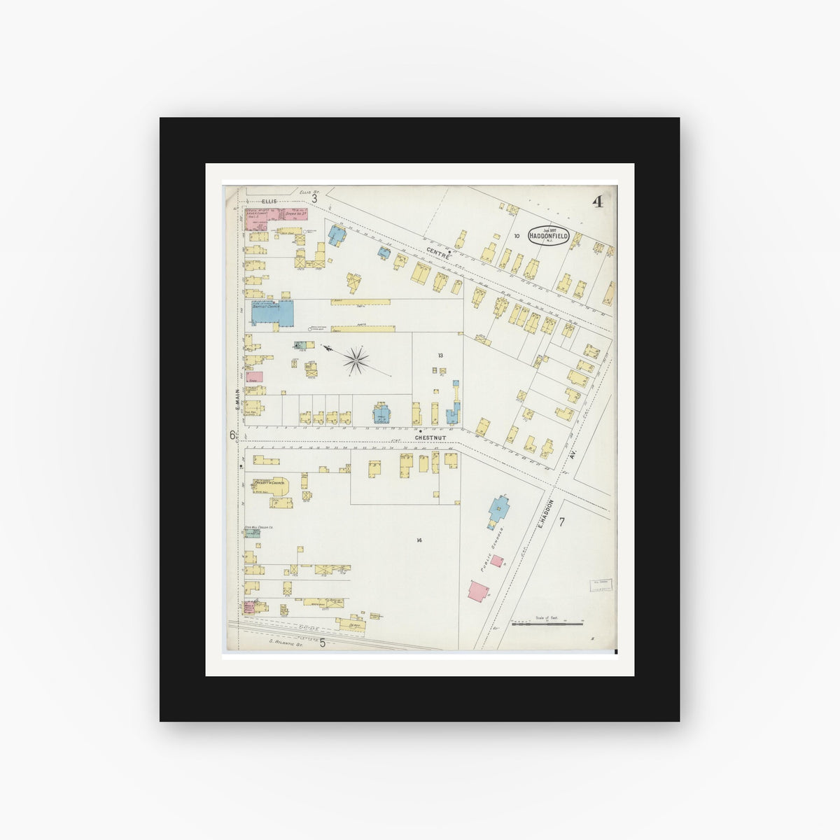 Old map wall art mockup — black gallery frame with white mat — Sanborn Fire Insurance Map from Haddonfield, Camden County, New Jersey (1897), Sheet #0004