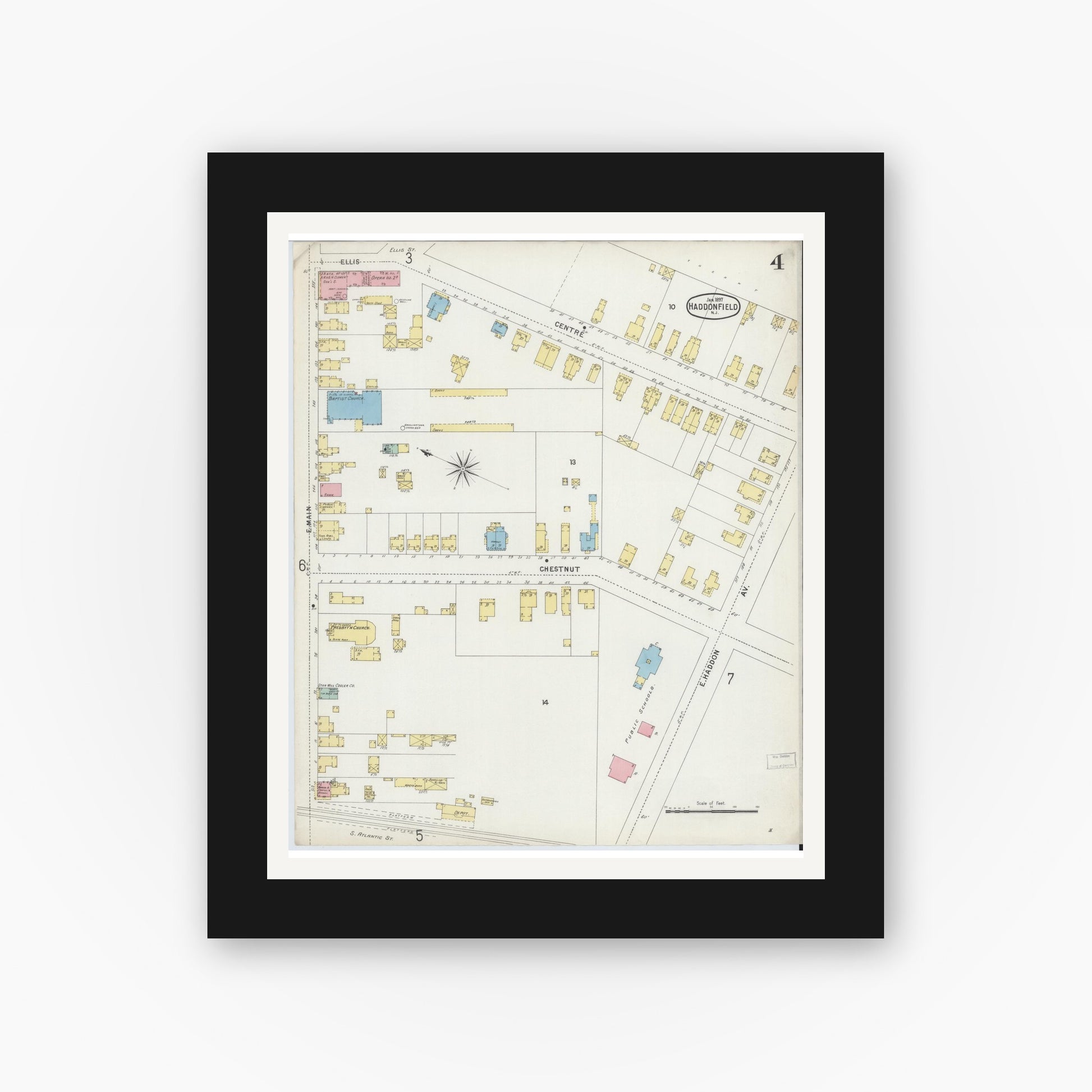 Old map wall art mockup — black gallery frame with white mat — Sanborn Fire Insurance Map from Haddonfield, Camden County, New Jersey (1897), Sheet #0004
