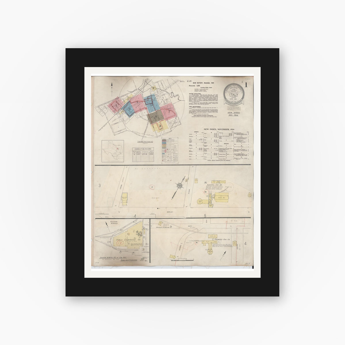 Old map wall art mockup — black gallery frame with white mat — Sanborn Fire Insurance Map from Italy, Ellis County, Texas (1944), Sheet #0001