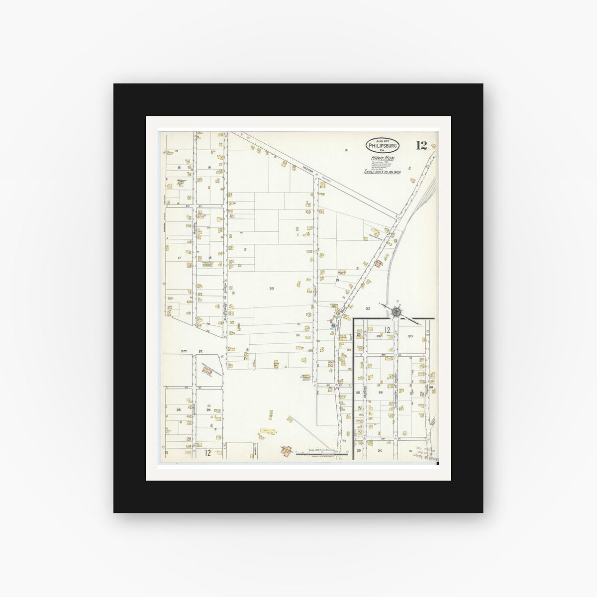 Old map wall art mockup — black gallery frame with white mat — Sanborn Fire Insurance Map from Philipsburg, Centre County, Pennsylvania (1917), Sheet #0012