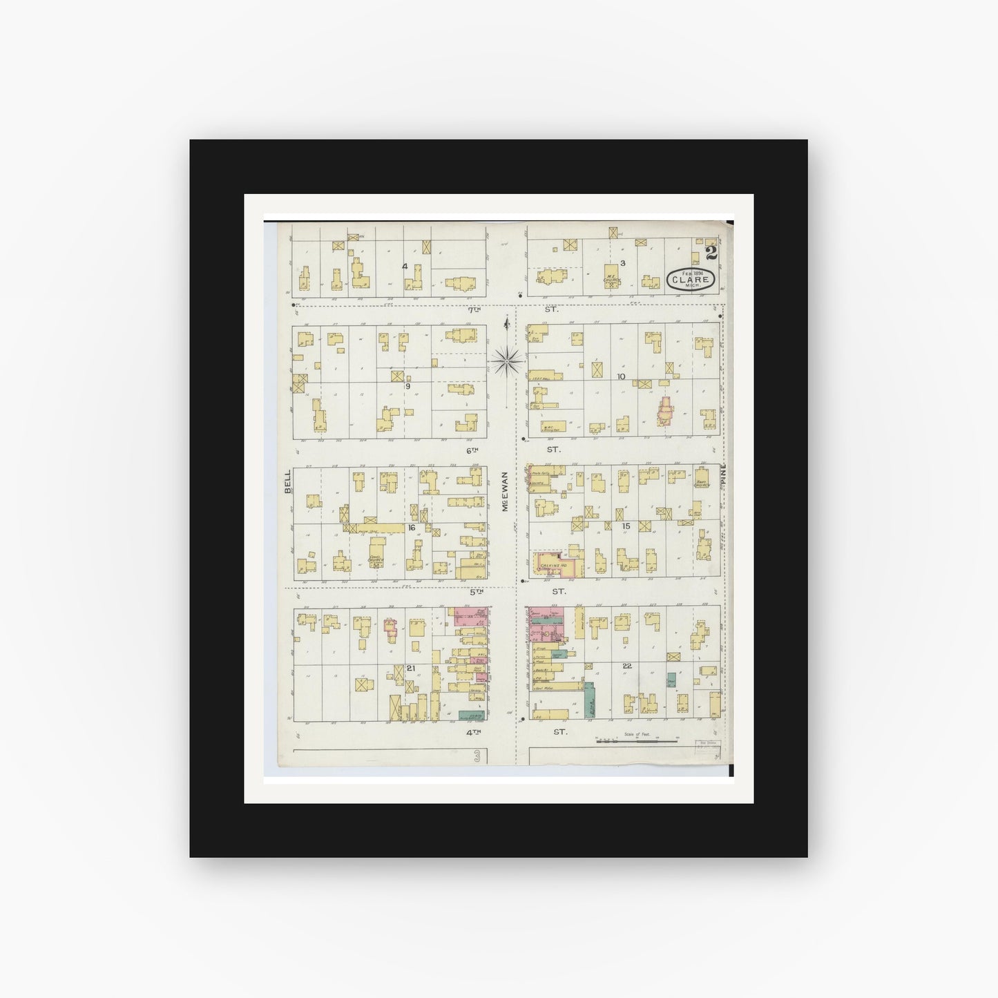 Old map wall art mockup — black gallery frame with white mat — Sanborn Fire Insurance Map from Clare, Clare County, Michigan (1894), Sheet #0002