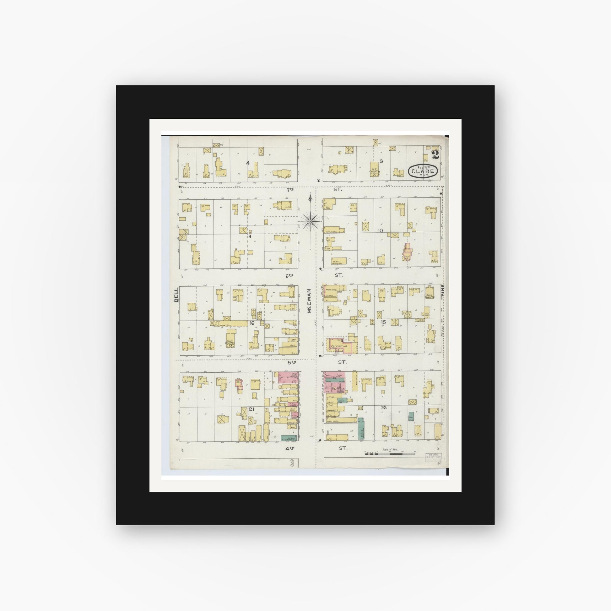Old map wall art mockup — black gallery frame with white mat — Sanborn Fire Insurance Map from Clare, Clare County, Michigan (1894), Sheet #0002