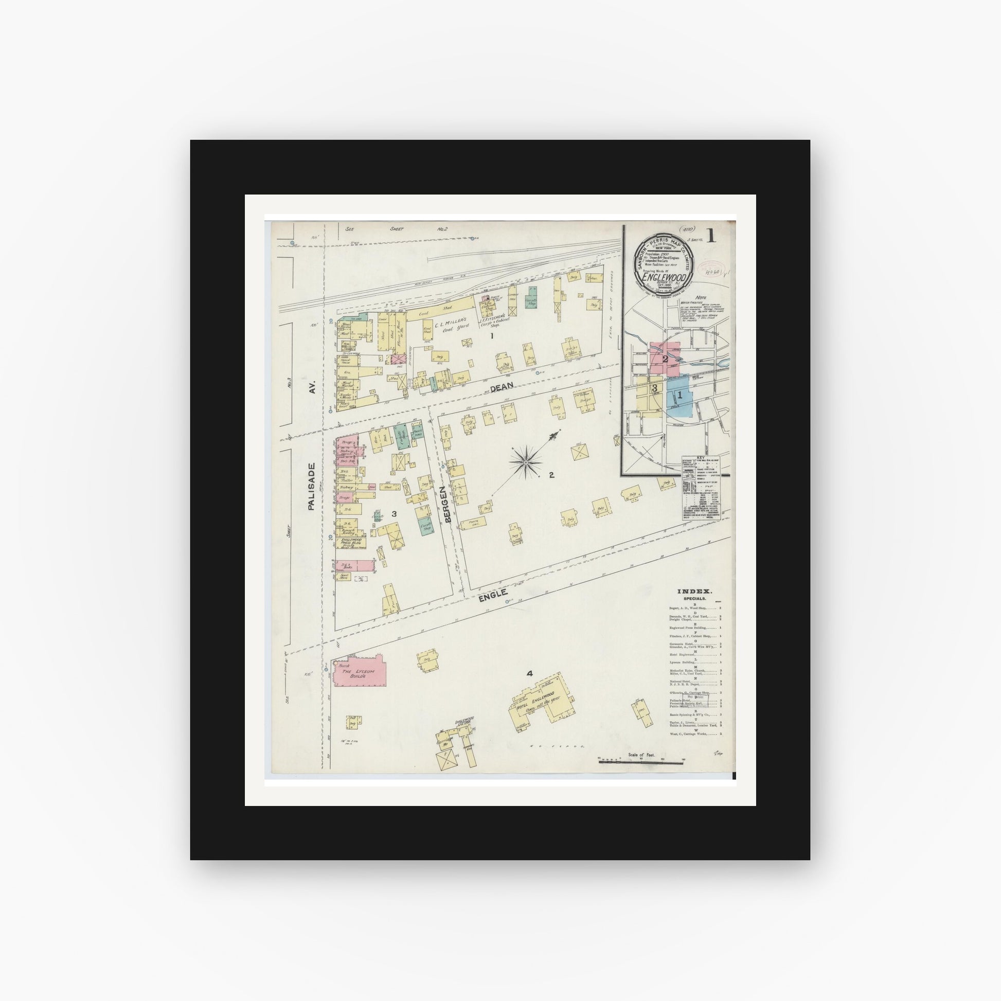 Old map wall art mockup — black gallery frame with white mat — Sanborn Fire Insurance Map from Englewood, Bergen County, New Jersey (1890), Sheet #0001