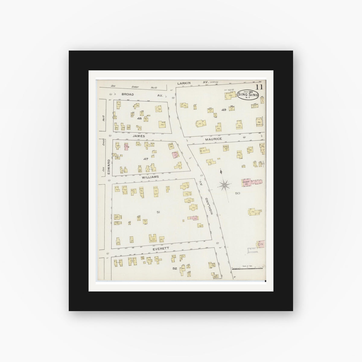Old map wall art mockup — black gallery frame with white mat — Sanborn Fire Insurance Map from Sing Sing, Westchester County, New York (1886), Sheet #0011