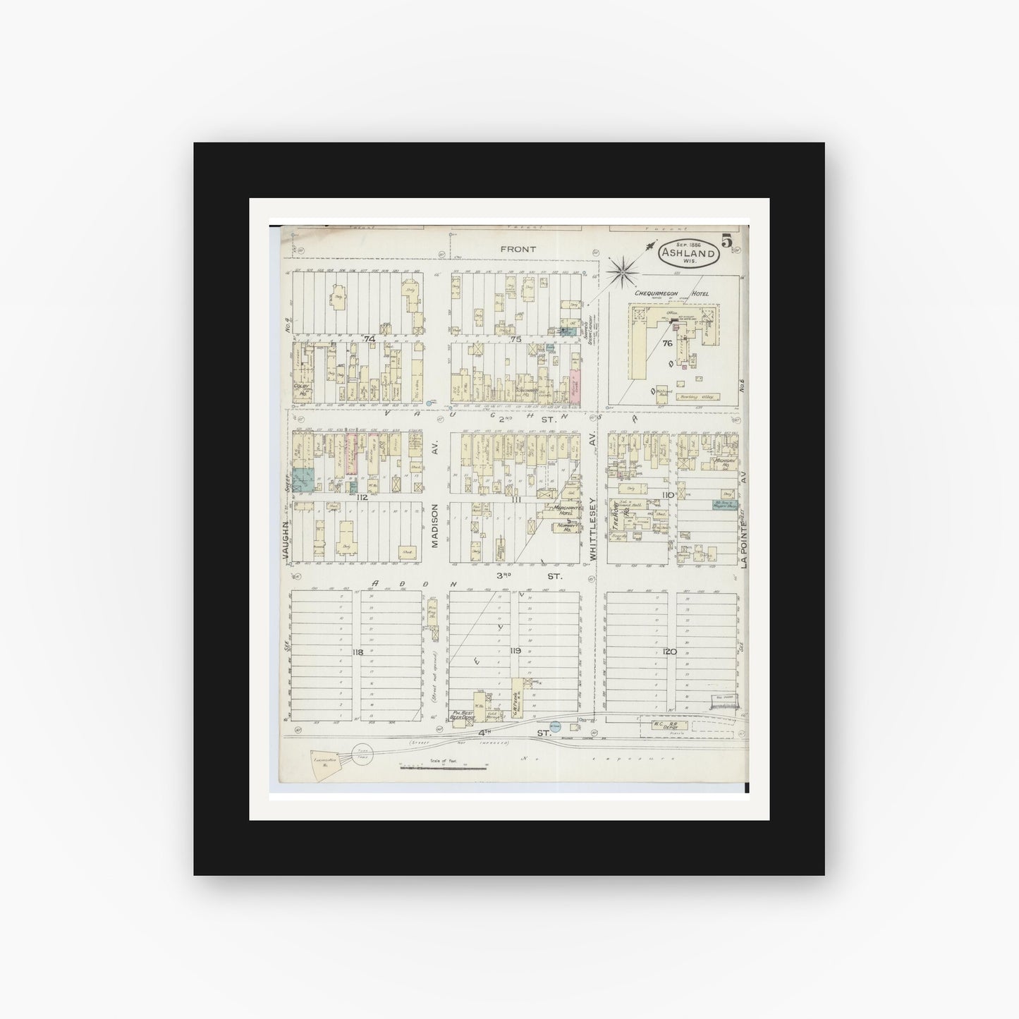 Old map wall art mockup — black gallery frame with white mat — Sanborn Fire Insurance Map from Ashland, Ashland County, Wisconsin (1886), Sheet #0005