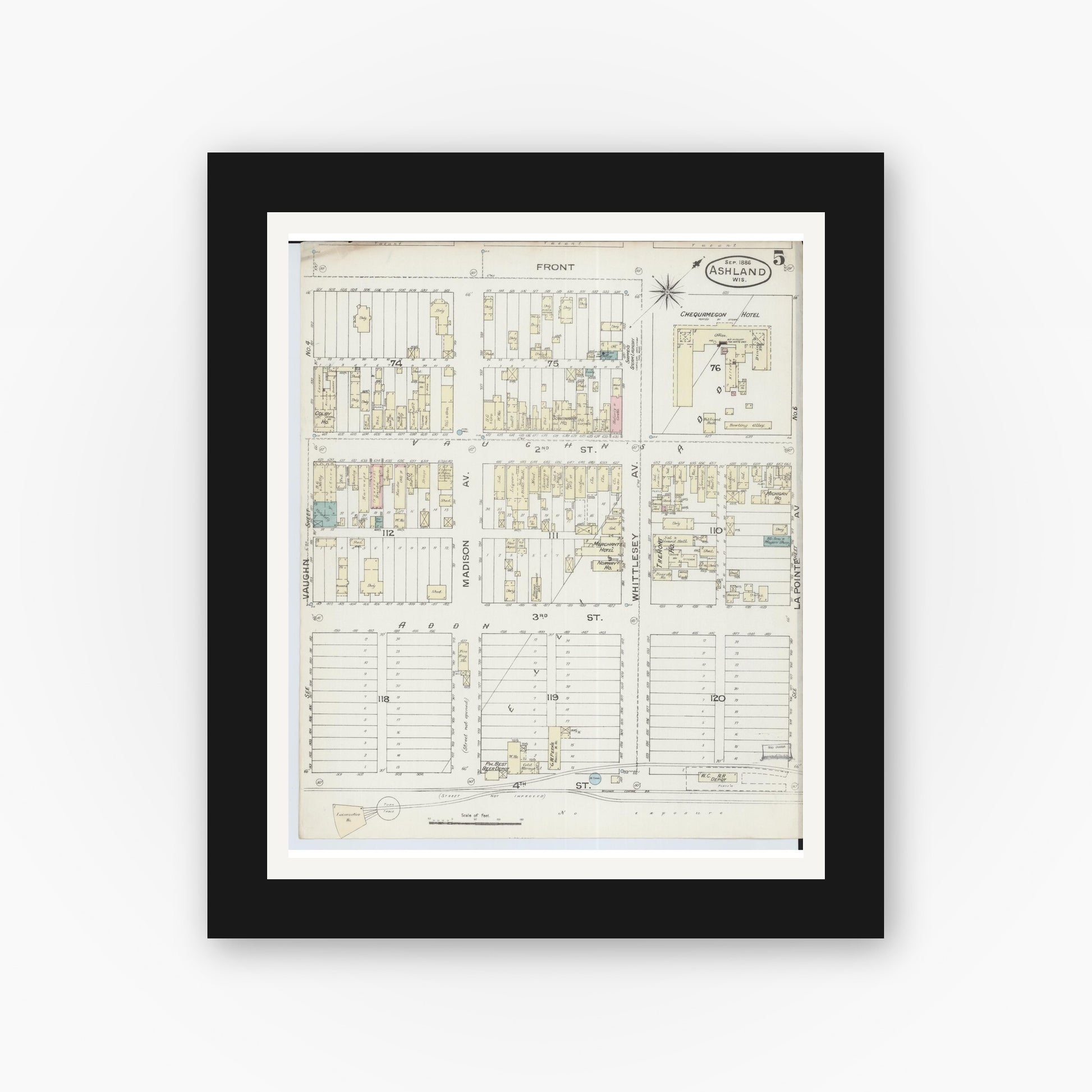 Old map wall art mockup — black gallery frame with white mat — Sanborn Fire Insurance Map from Ashland, Ashland County, Wisconsin (1886), Sheet #0005