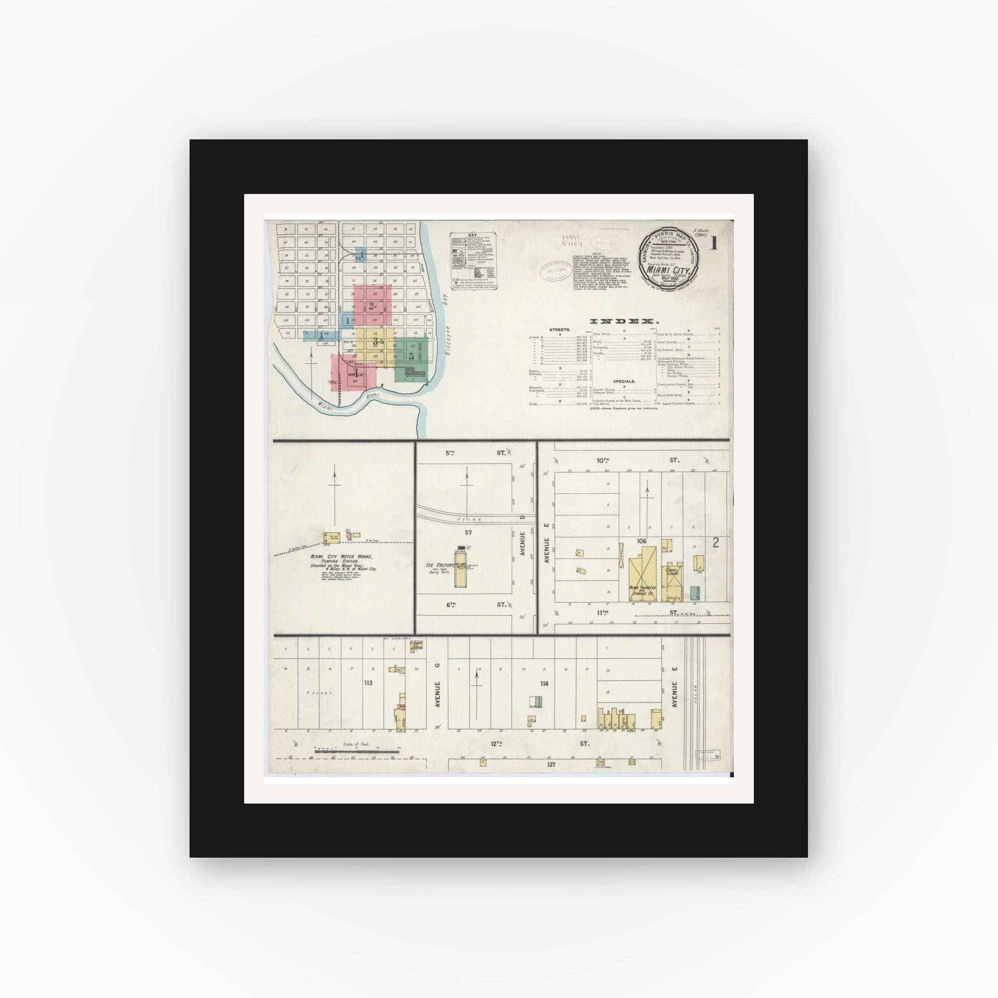 Old map wall art mockup — black gallery frame with white mat — Sanborn Fire Insurance Map from Miami, Dade County, Florida (1899) - Complete Map Set