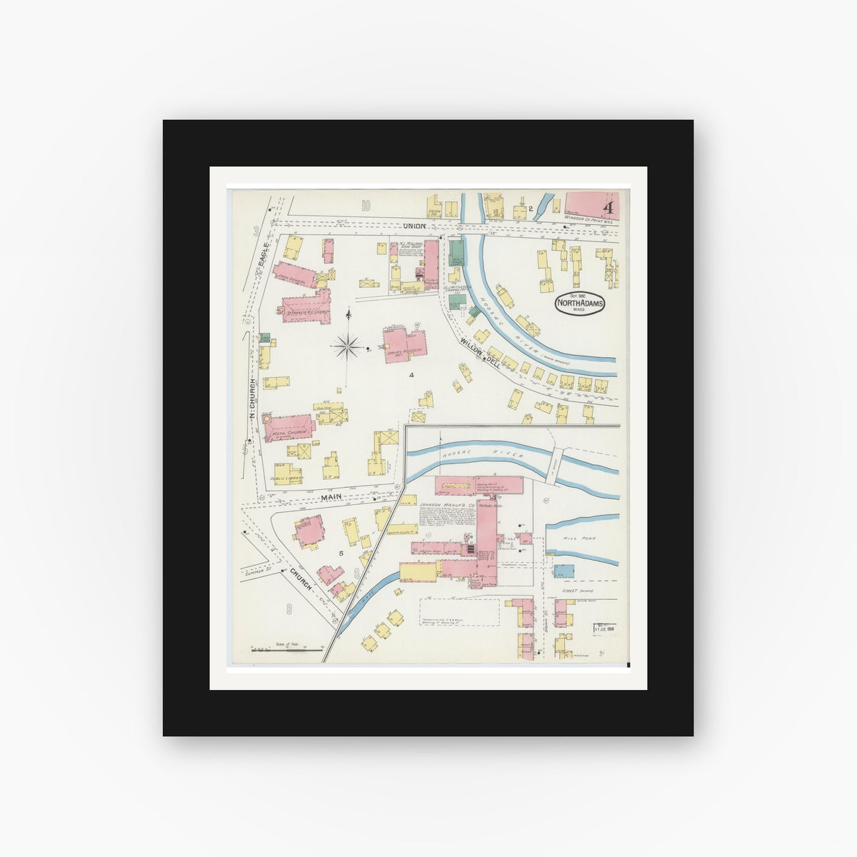 Old map wall art mockup — black gallery frame with white mat — Sanborn Fire Insurance Map from North Adams, Berkshire County, Massachusetts (1892), Sheet #0004