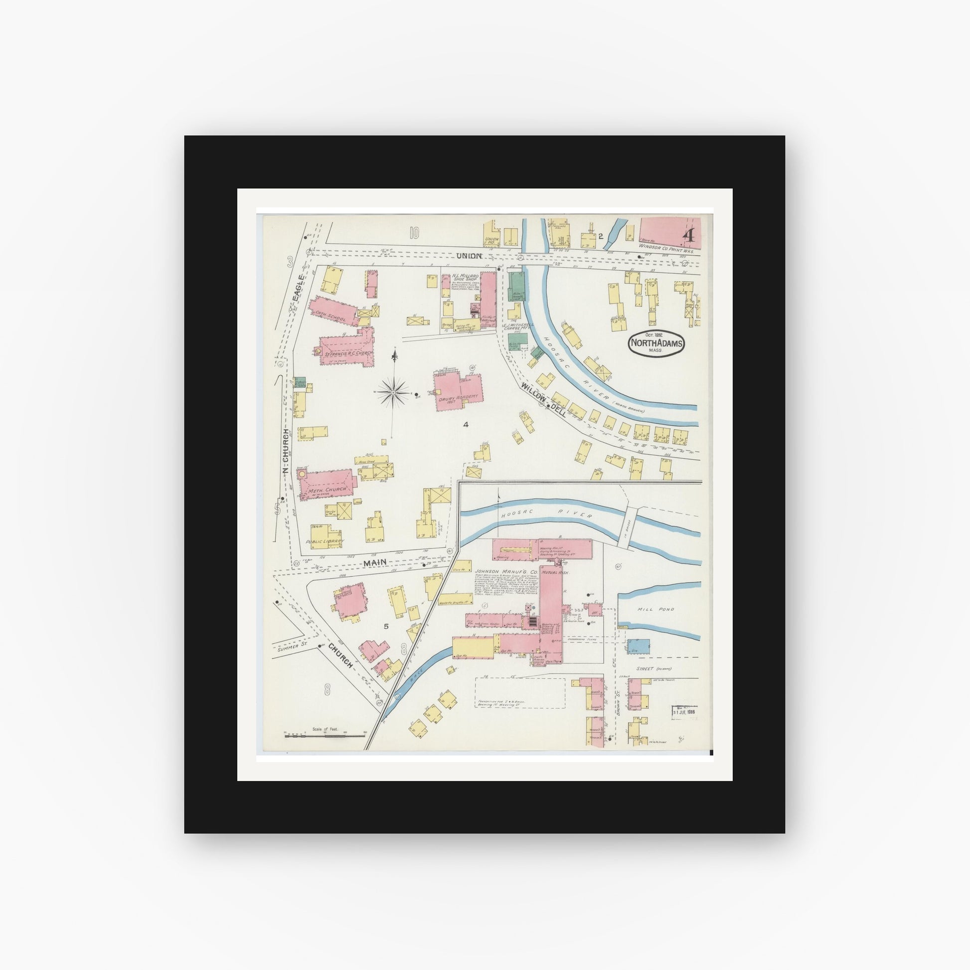 Old map wall art mockup — black gallery frame with white mat — Sanborn Fire Insurance Map from North Adams, Berkshire County, Massachusetts (1892), Sheet #0004