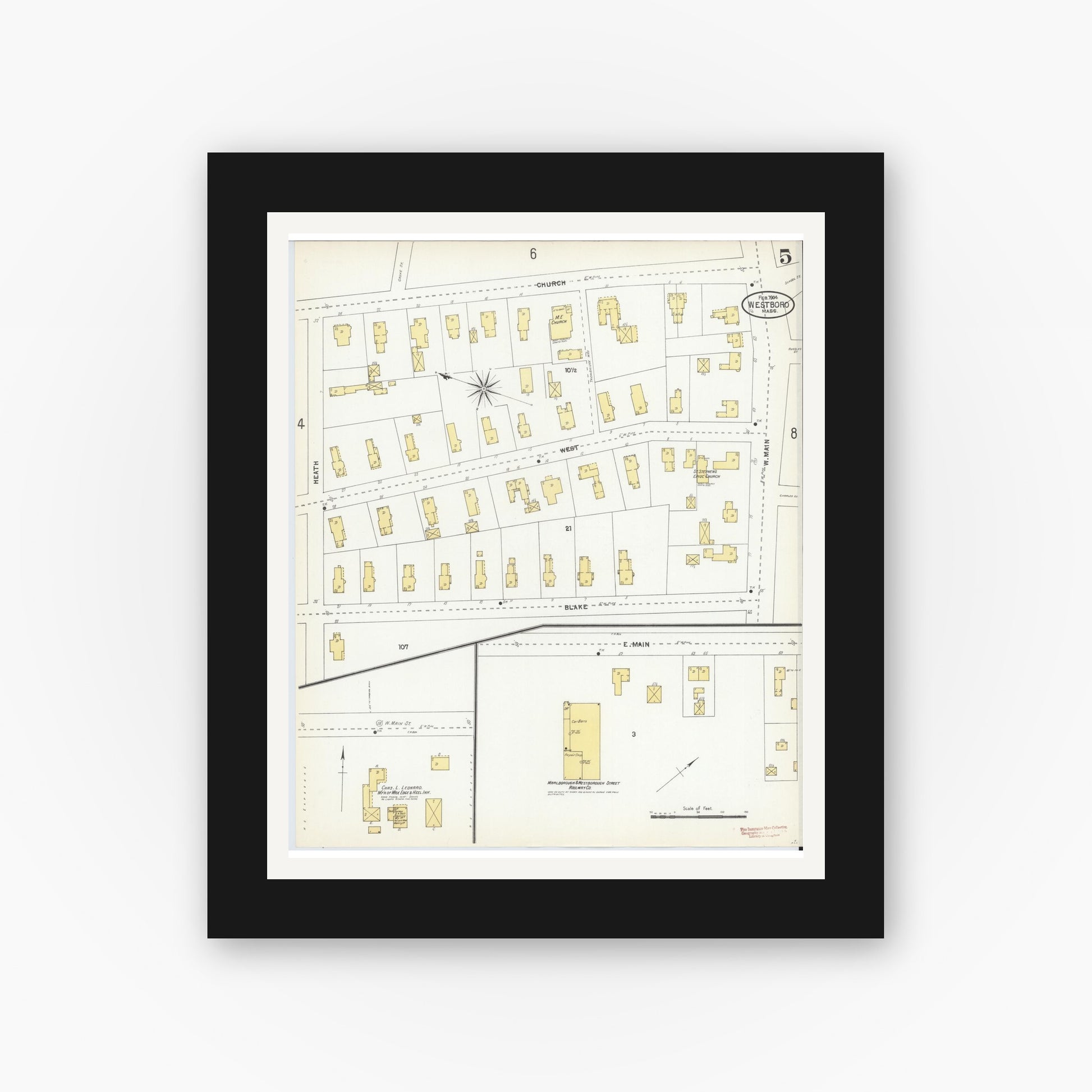 Old map wall art mockup — black gallery frame with white mat — Sanborn Fire Insurance Map from Westboro, Worcester County, Massachusetts (1904), Sheet #0005