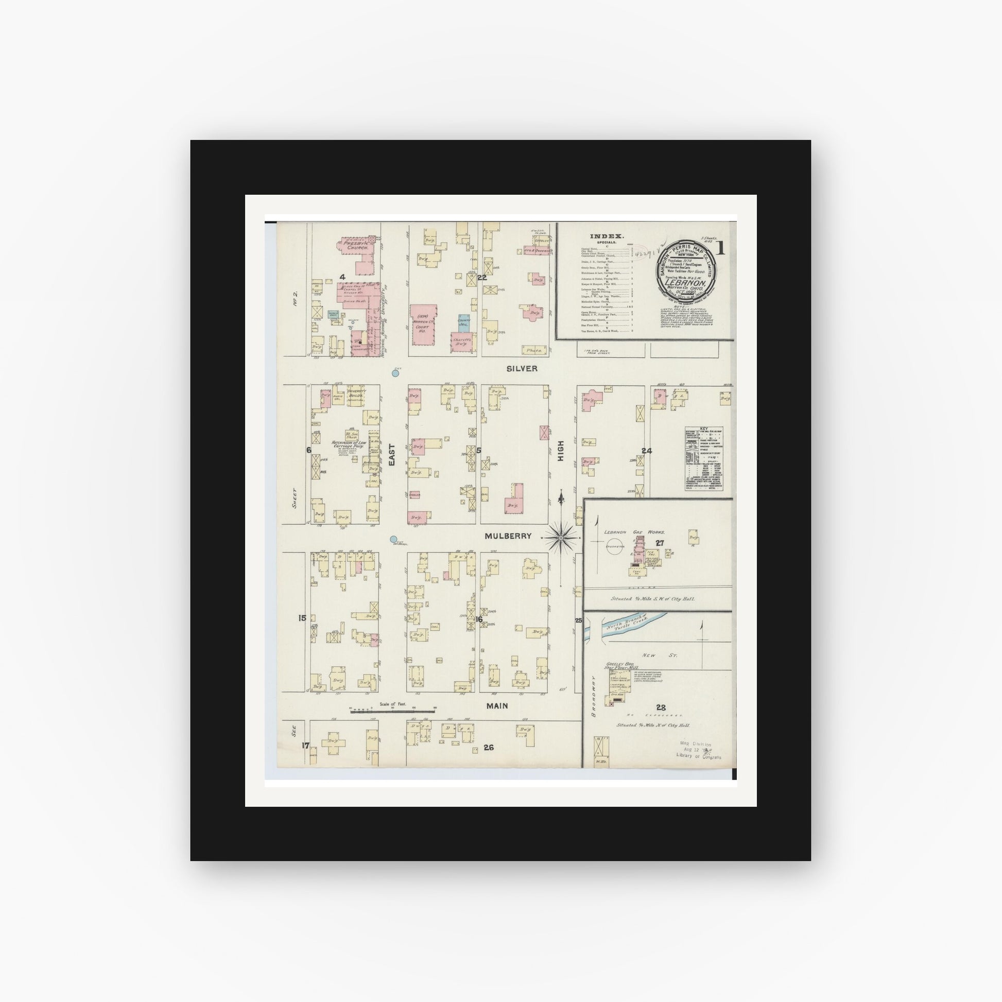 Old map wall art mockup — black gallery frame with white mat — Sanborn Fire Insurance Map from Lebanon, Warren County, Ohio (1890) - Complete Map Set