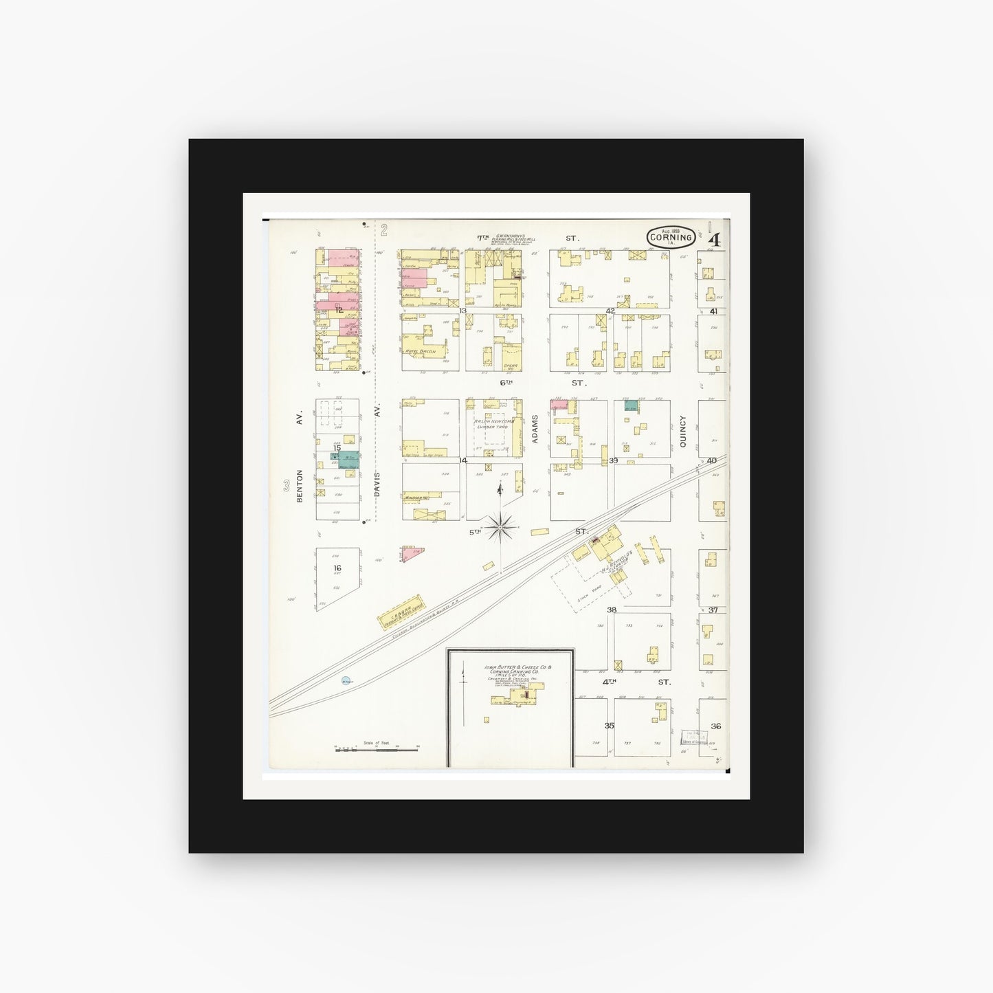 Old map wall art mockup — black gallery frame with white mat — Sanborn Fire Insurance Map from Corning, Adams County, Iowa (1893), Sheet #0004
