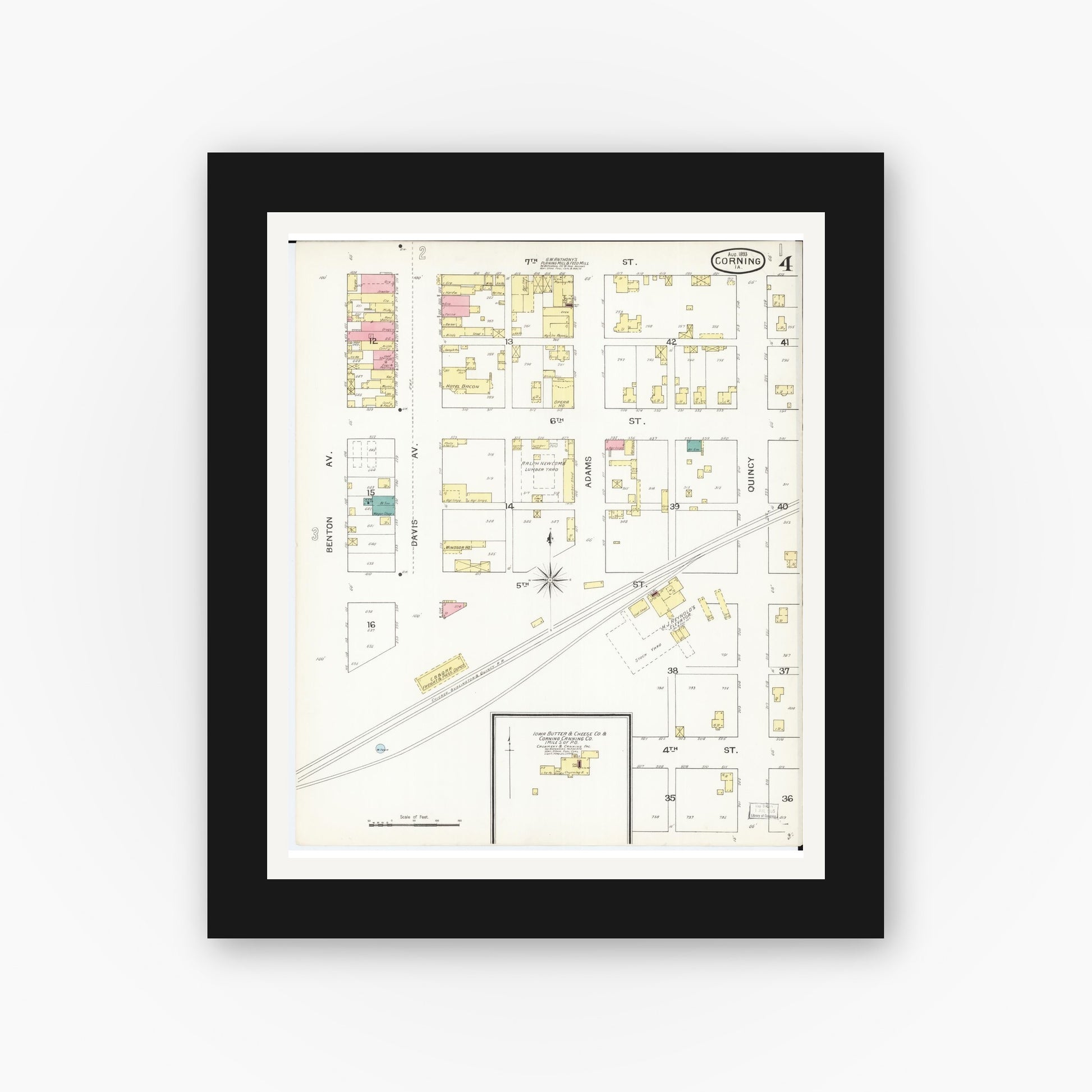 Old map wall art mockup — black gallery frame with white mat — Sanborn Fire Insurance Map from Corning, Adams County, Iowa (1893), Sheet #0004