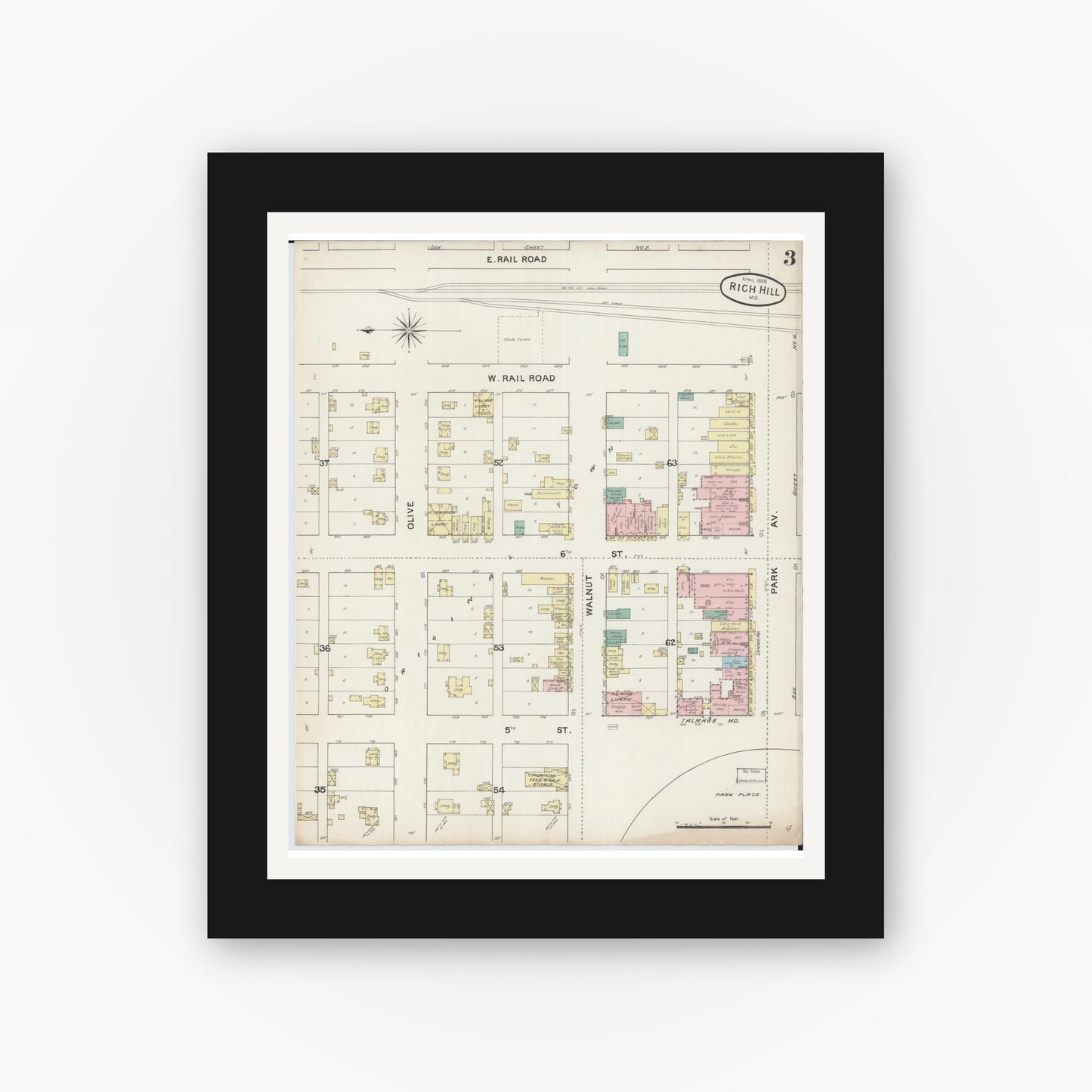 Old map wall art mockup — black gallery frame with white mat — Sanborn Fire Insurance Map from Rich Hill, Bates County, Missouri (1888), Sheet #0003