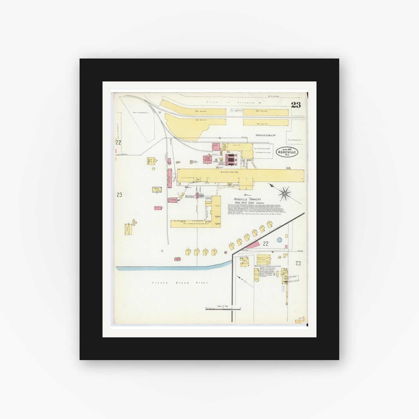 Old map wall art mockup — black gallery frame with white mat — Sanborn Fire Insurance Map from Asheville, Buncombe County, North Carolina (1907), Sheet #0023