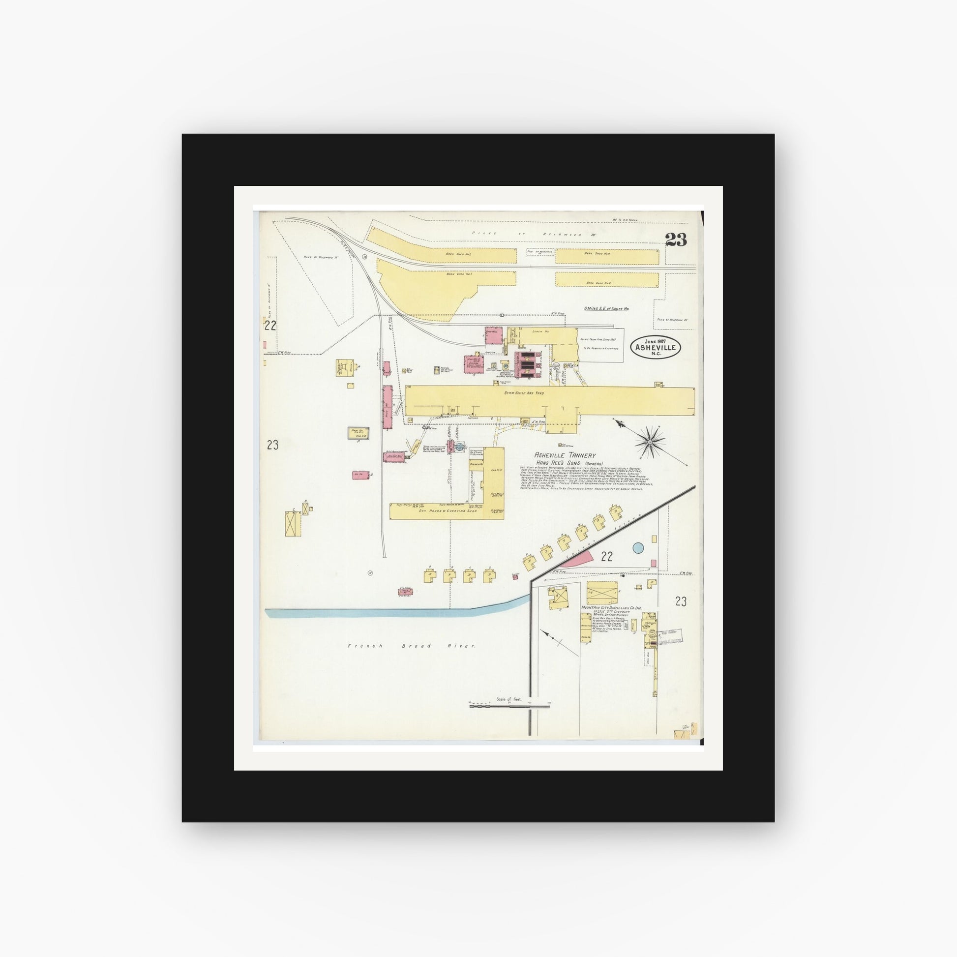 Old map wall art mockup — black gallery frame with white mat — Sanborn Fire Insurance Map from Asheville, Buncombe County, North Carolina (1907), Sheet #0023
