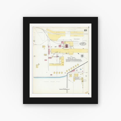 Old map wall art mockup — black gallery frame with white mat — Sanborn Fire Insurance Map from Asheville, Buncombe County, North Carolina (1907), Sheet #0023