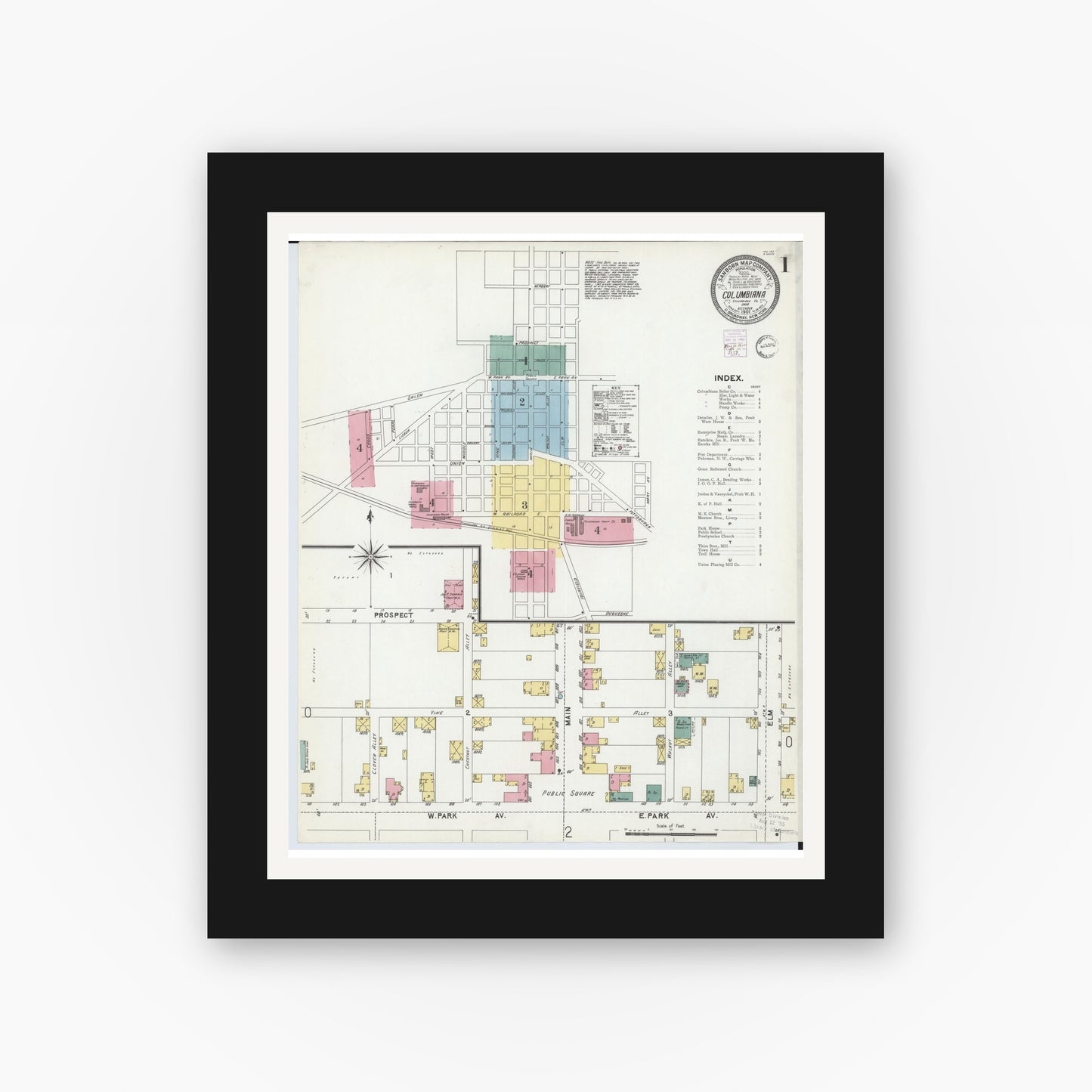 Old map wall art mockup — black gallery frame with white mat — Sanborn Fire Insurance Map from Columbiana, Columbiana County, Ohio (1901), Sheet #0001