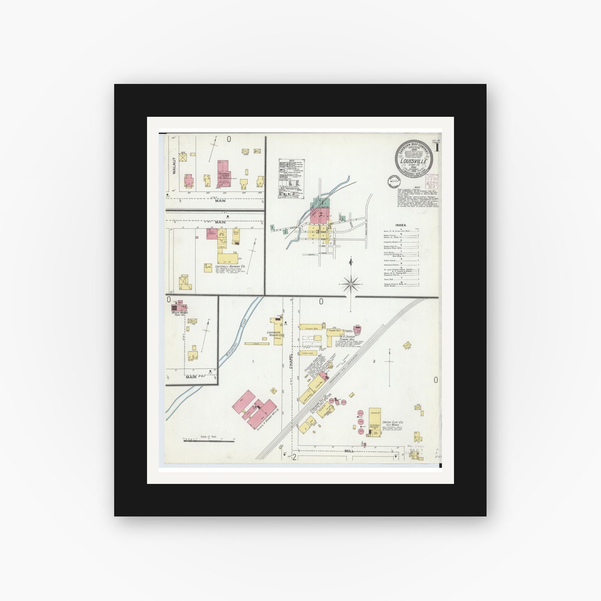 Old map wall art mockup — black gallery frame with white mat — Sanborn Fire Insurance Map from Louisville, Stark County, Ohio (1901), Sheet #0001