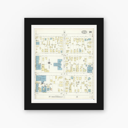 Old map wall art mockup — black gallery frame with white mat — Sanborn Fire Insurance Map from Miami, Dade County, Florida (1914), Sheet #0020