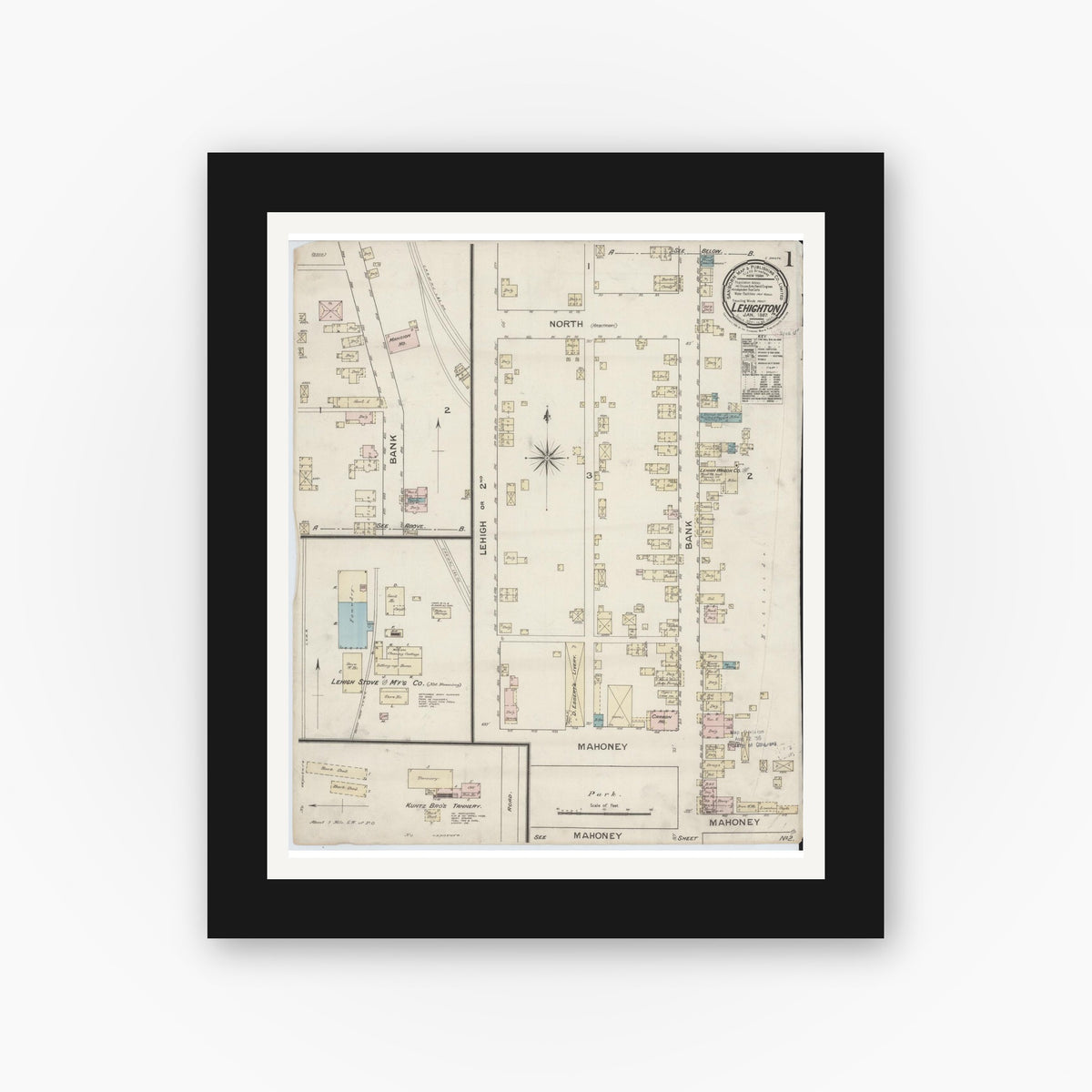 Old map wall art mockup — black gallery frame with white mat — Sanborn Fire Insurance Map from Lehighton, Carbon County, Pennsylvania (1887), Sheet #0001