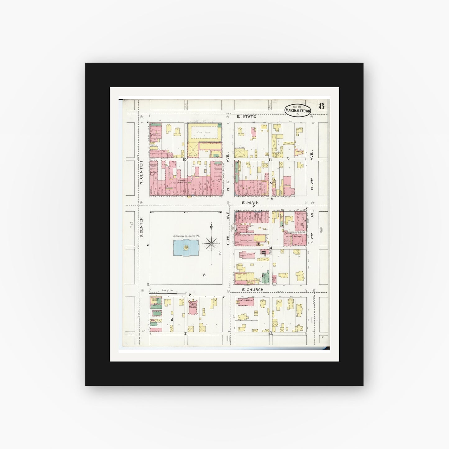 Old map wall art mockup — black gallery frame with white mat — Sanborn Fire Insurance Map from Marshalltown, Marshall County, Iowa (1894), Sheet #0008