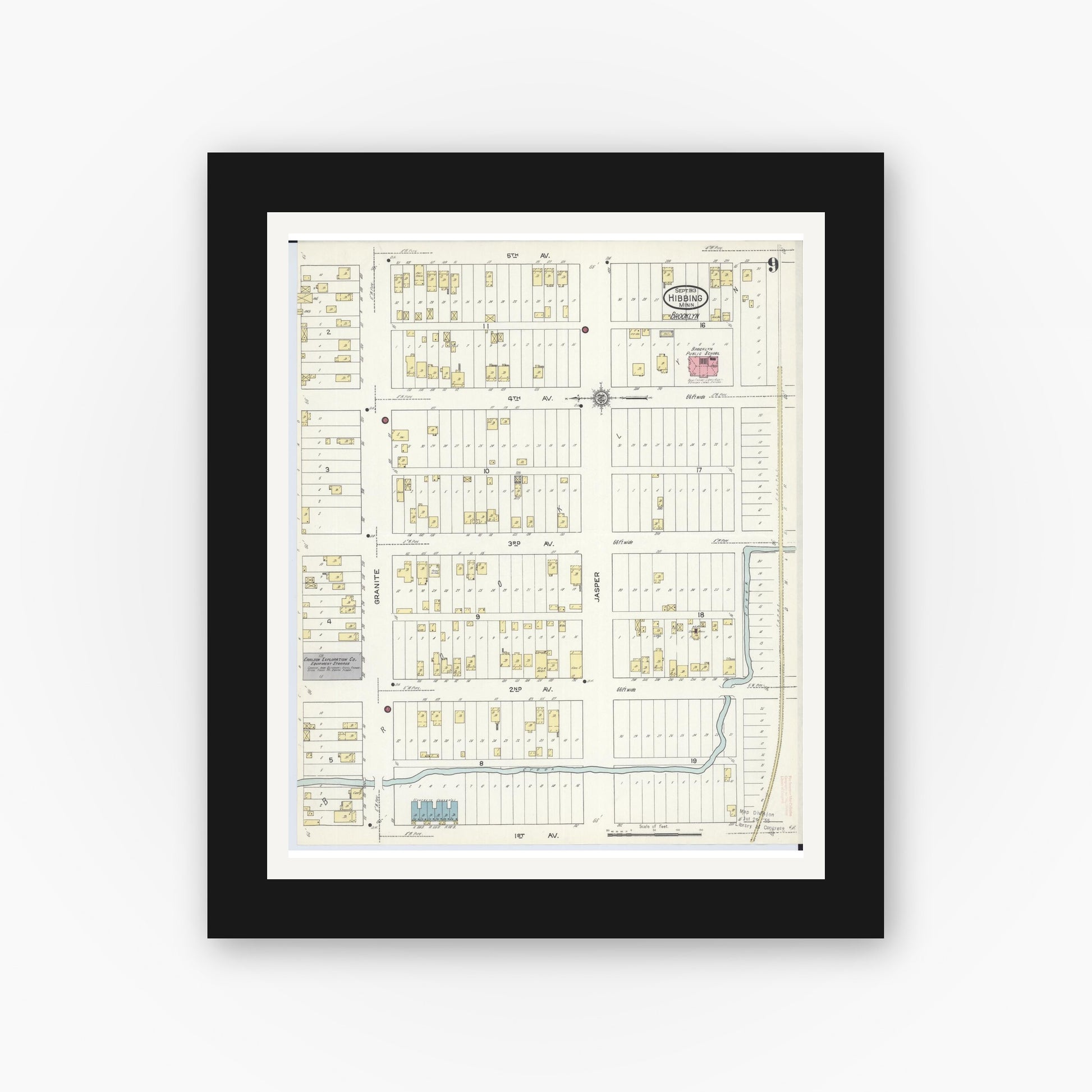 Old map wall art mockup — black gallery frame with white mat — Sanborn Fire Insurance Map from Hibbing, Saint Louis County, Minnesota (1913), Sheet #0009