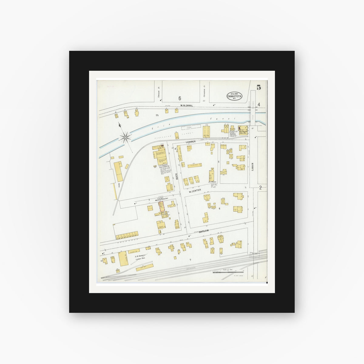 Old map wall art mockup — black gallery frame with white mat — Sanborn Fire Insurance Map from Canastota, Madison County, New York (1900), Sheet #0005