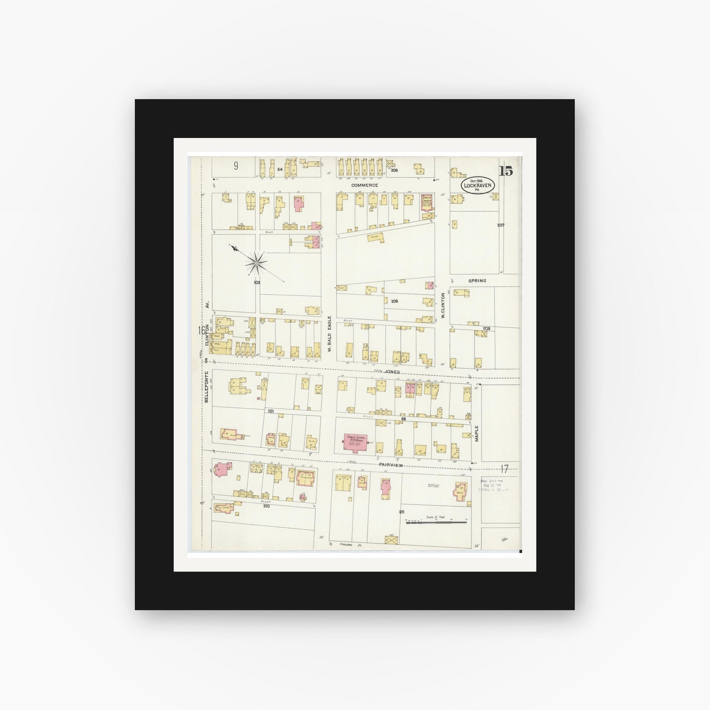 Old map wall art mockup — black gallery frame with white mat — Sanborn Fire Insurance Map from Lock Haven, Clinton County, Pennsylvania (1906), Sheet #0015