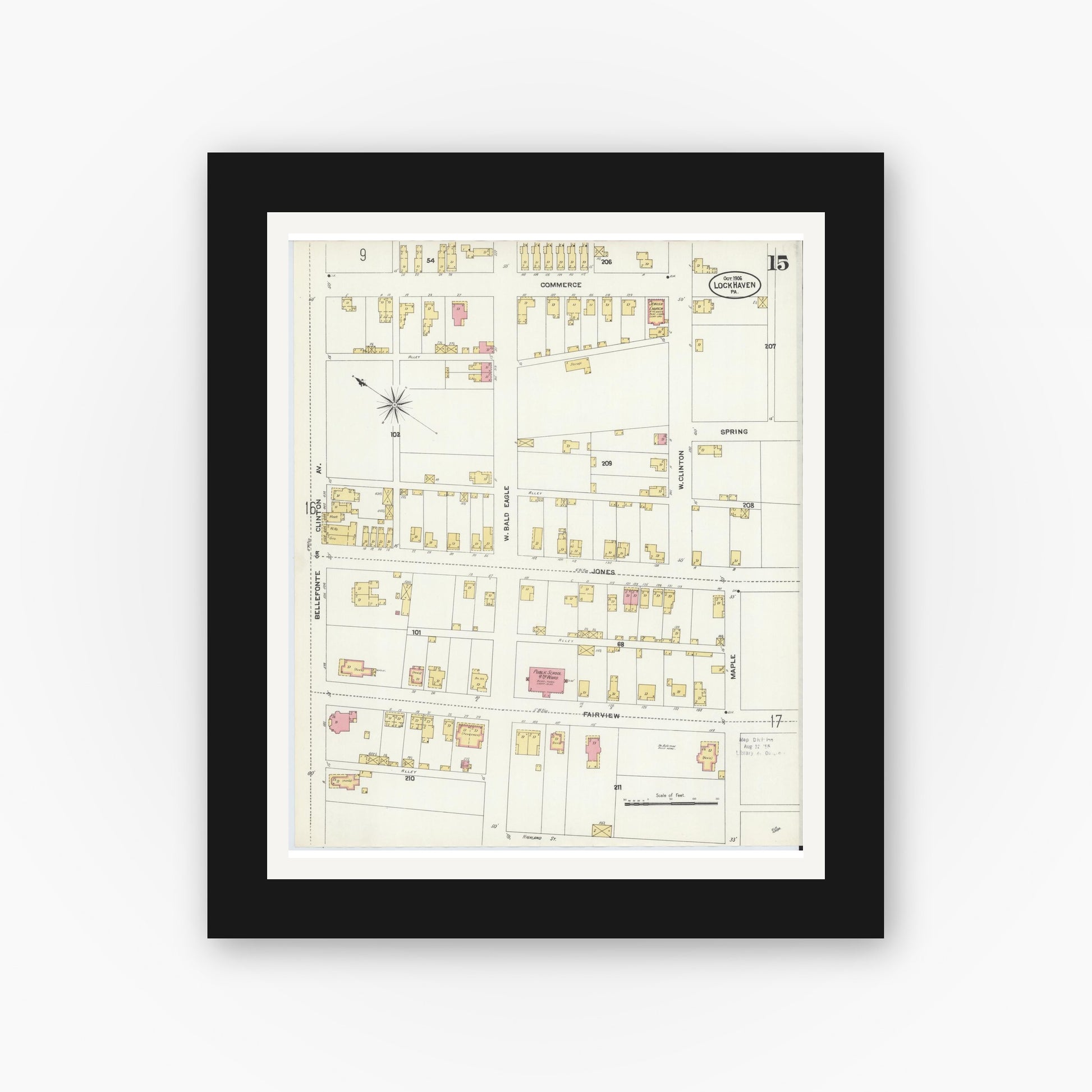 Old map wall art mockup — black gallery frame with white mat — Sanborn Fire Insurance Map from Lock Haven, Clinton County, Pennsylvania (1906), Sheet #0015