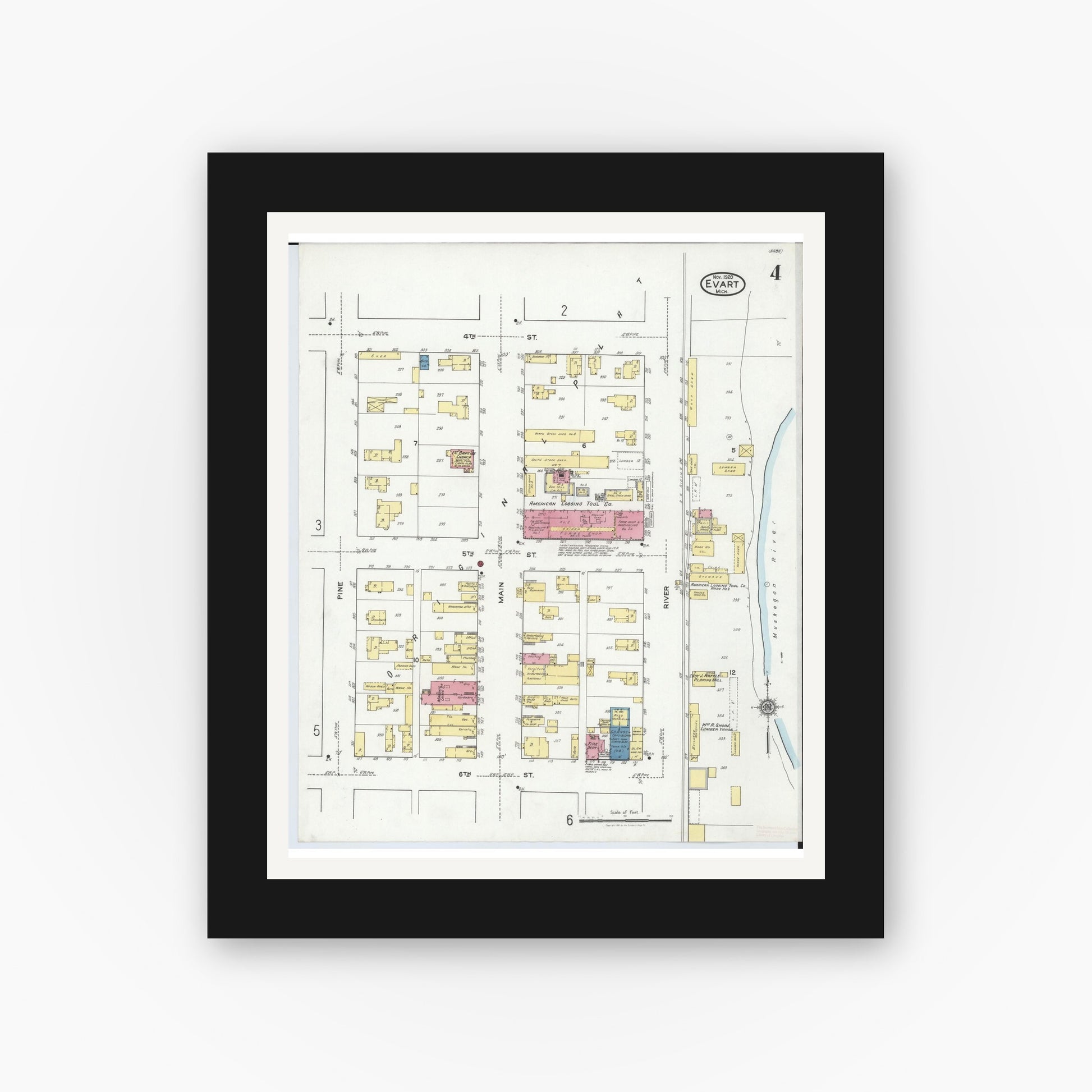 Old map wall art mockup — black gallery frame with white mat — Sanborn Fire Insurance Map from Evart, Osceola County, Michigan (1920), Sheet #0004