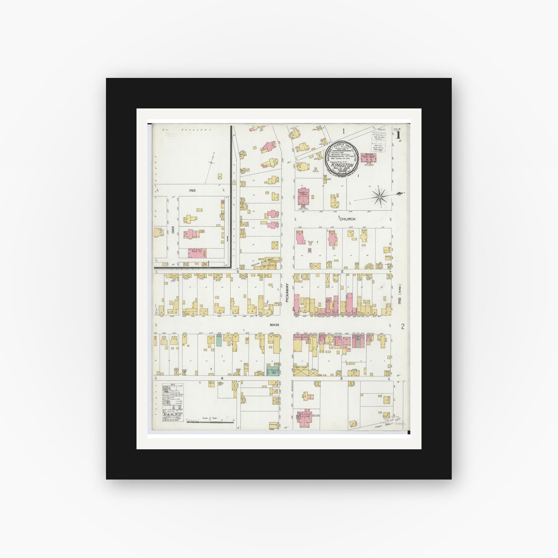 Old map wall art mockup — black gallery frame with white mat — Sanborn Fire Insurance Map from Kingston, Ross County, Ohio (1900) - Complete Map Set