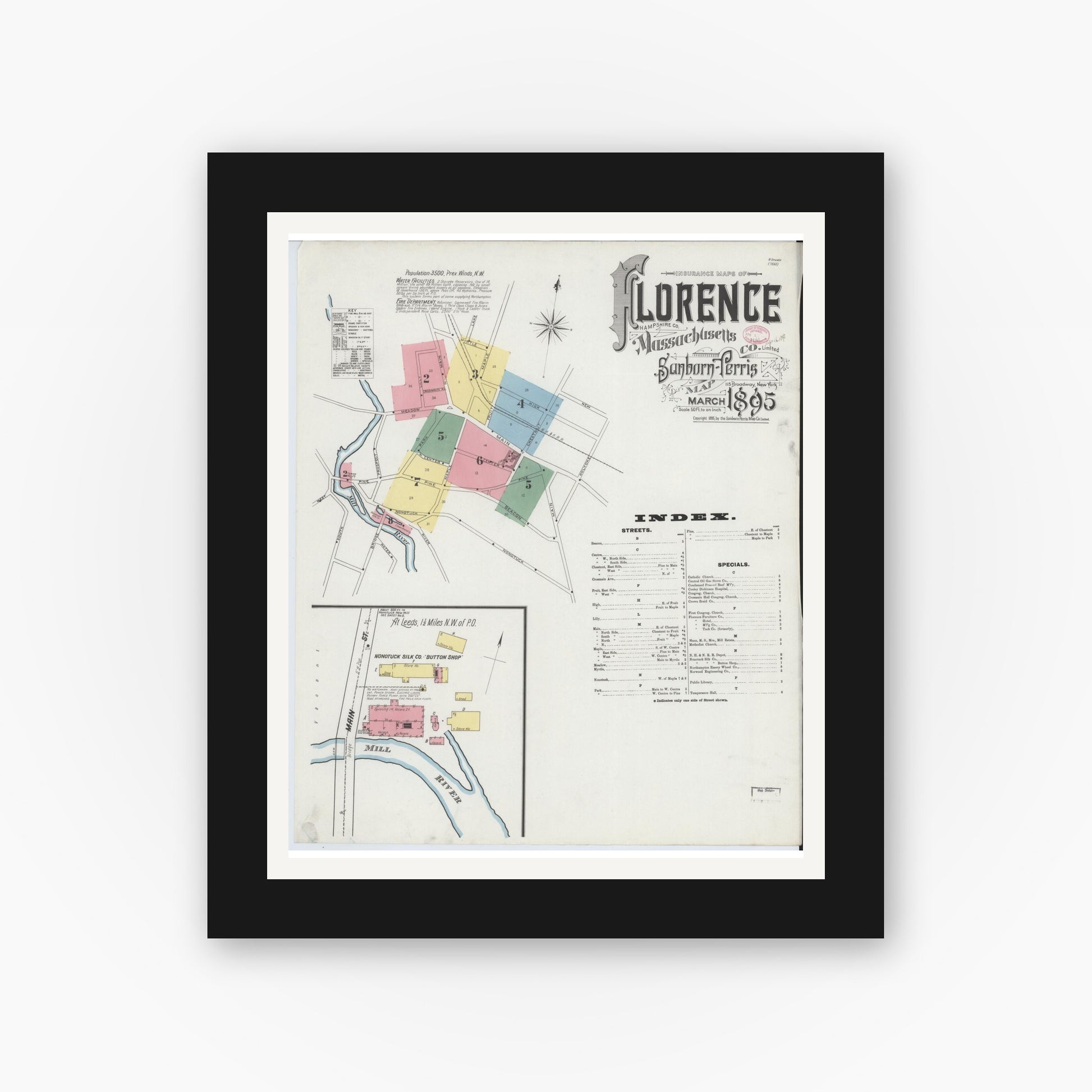 Old map wall art mockup — black gallery frame with white mat — Sanborn Fire Insurance Map from Florence, Hampshire County, Massachusetts (1895) - Complete Map Set