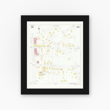 Old map wall art mockup — black gallery frame with white mat — Sanborn Fire Insurance Map from Needham, Norfolk County, Massachusetts (1937), Sheet #0022